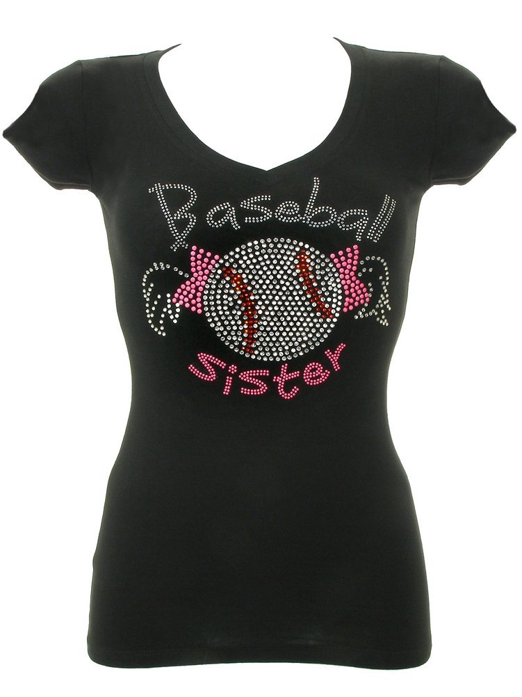 Sparkly Rhinestone Bling Baseball Sister T-Shirt for Women - Trendy Black Graphic Tee for Casual Wear, Game Day & Sisterhood Events