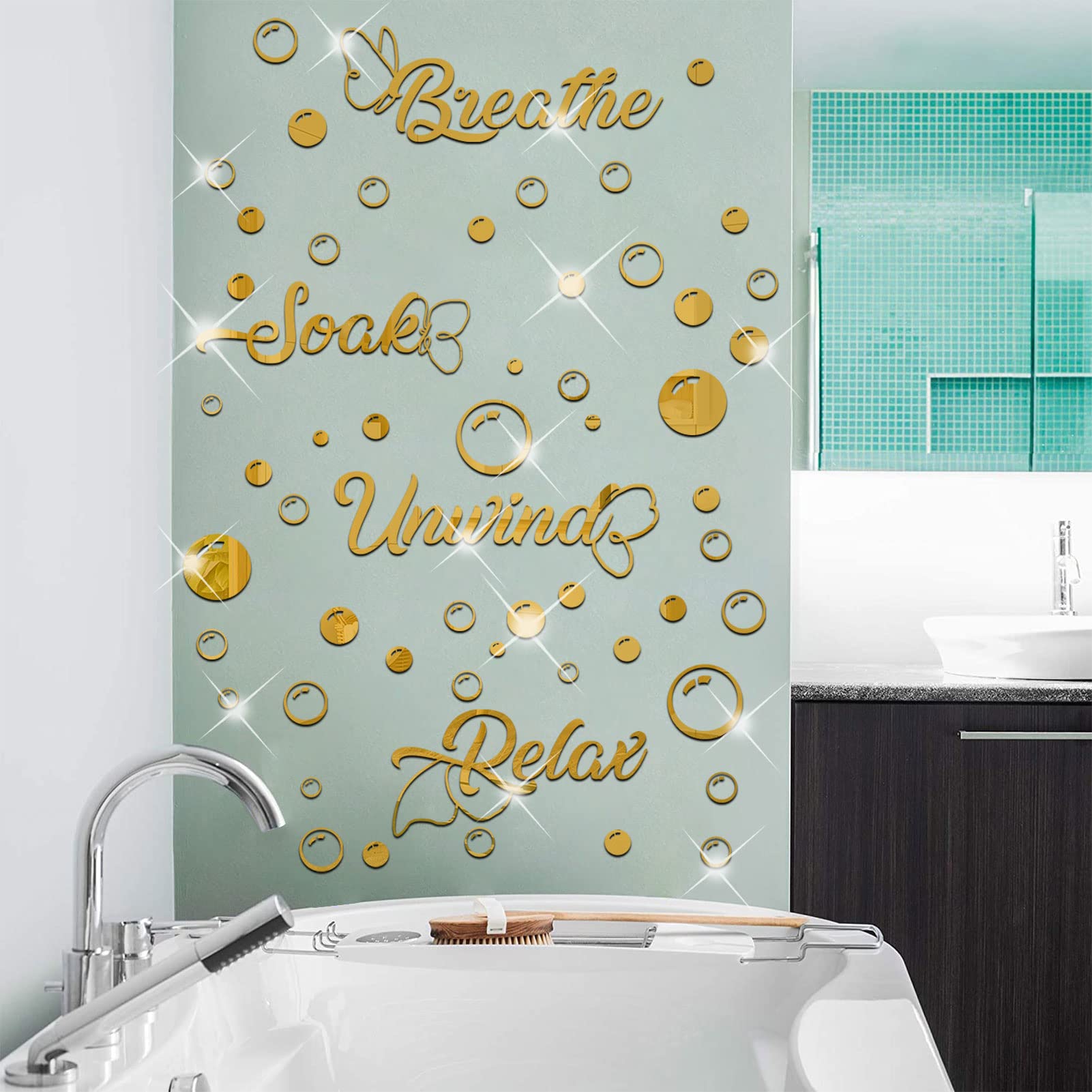 60 Pieces 3D Acrylic Mirror Wall Stickers - DIY Removable Mirror Decals for Bathroom, Bedroom & Living Room - Gold Circle Bubbles Home Decor - Perfect for Wall Art, Kids Room & Party Decorations