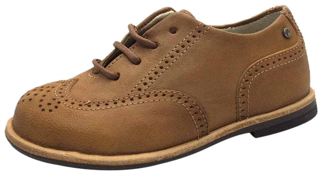 Manuela de Juan Boys & Girls British Style Distressed Tan Leather Oxford Shoes - Perforated Penguin Toe Design for School, Parties & Formal Occasions