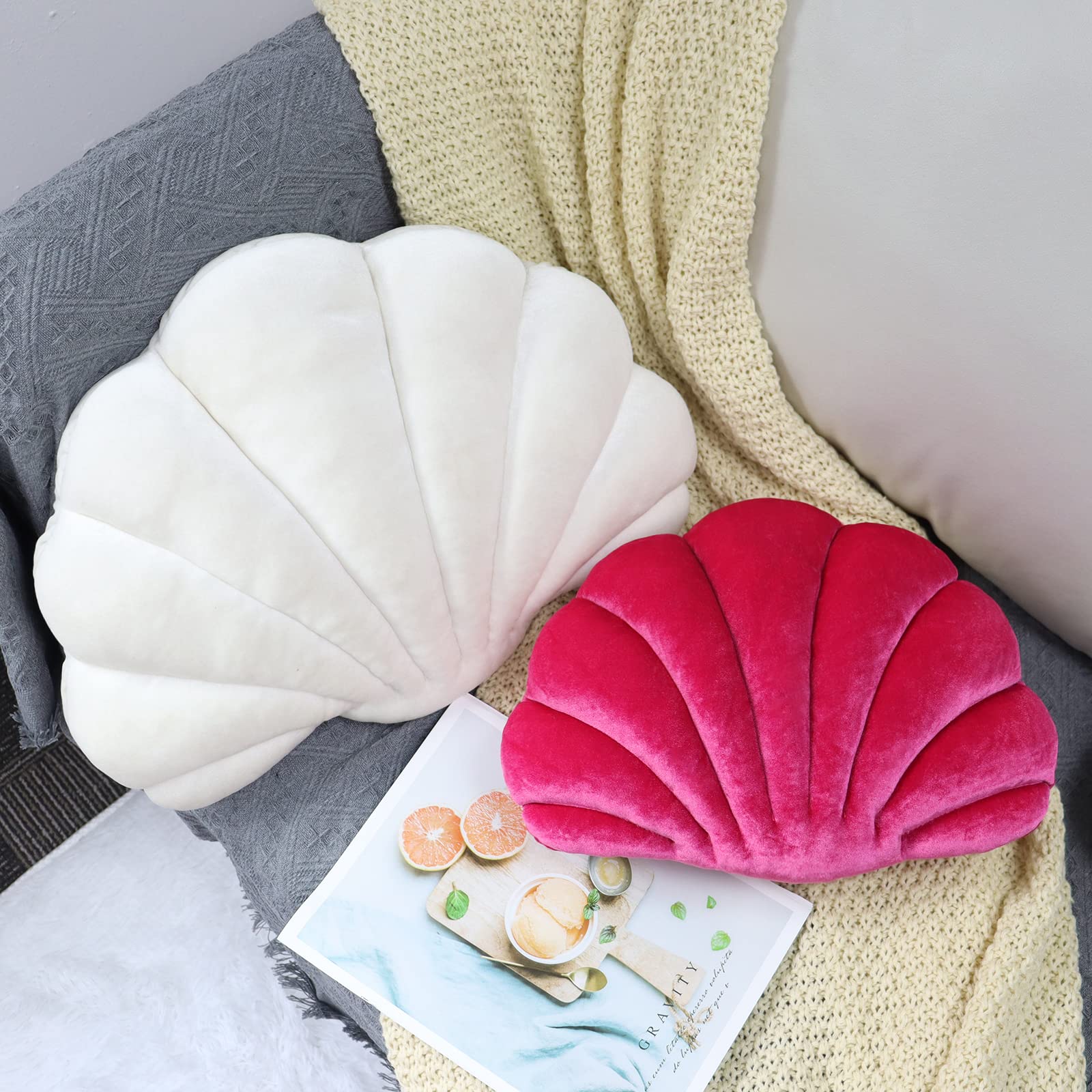 3D Velvet Seashell Shaped Decorative Throw Pillow - Soft Ocean Themed Cushion for Bed, Couch, Sofa & Chair (18x13 Inches) - Perfect for Coastal Decor, Beach House Bedding & Boho Home Accessories