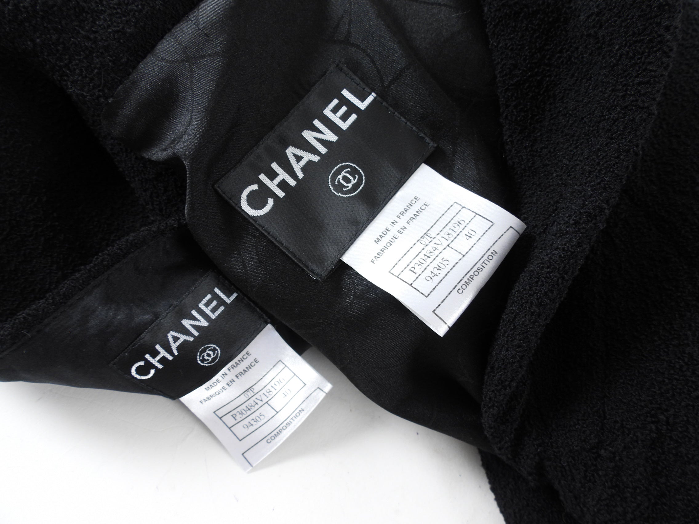 Chanel 07P Black Classic Skirt Suit with Gold CC Buttons - Women's Luxury Tweed Jacket & Skirt Set Size FR40 / US8 for Office, Wedding & Special Occasions