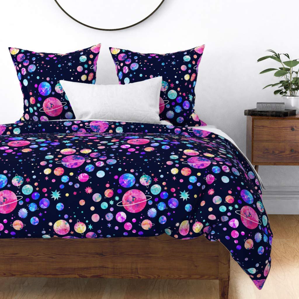 Galaxy Cosmic Planets Space Stars Pastel Watercolor Duvet Cover - Full/Queen Size Cotton Sateen Custom Bedding Set | Perfect for Kids' Rooms, Space-Themed Decor & Unique Home Interiors