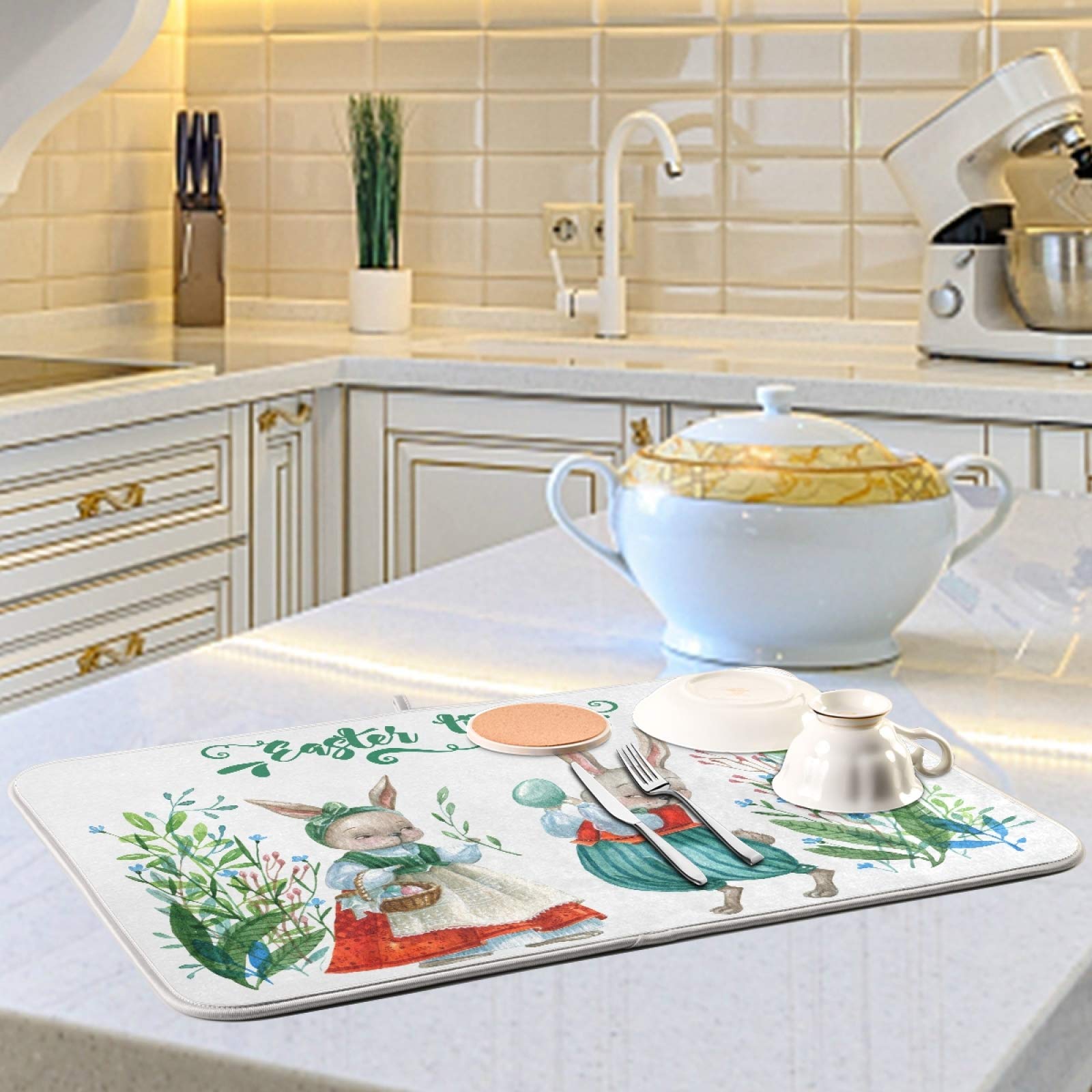 Easter Bunny Dish Drying Mat 16x18 Inch - Absorbent Kitchen Decor for Countertops & Baby Bottles