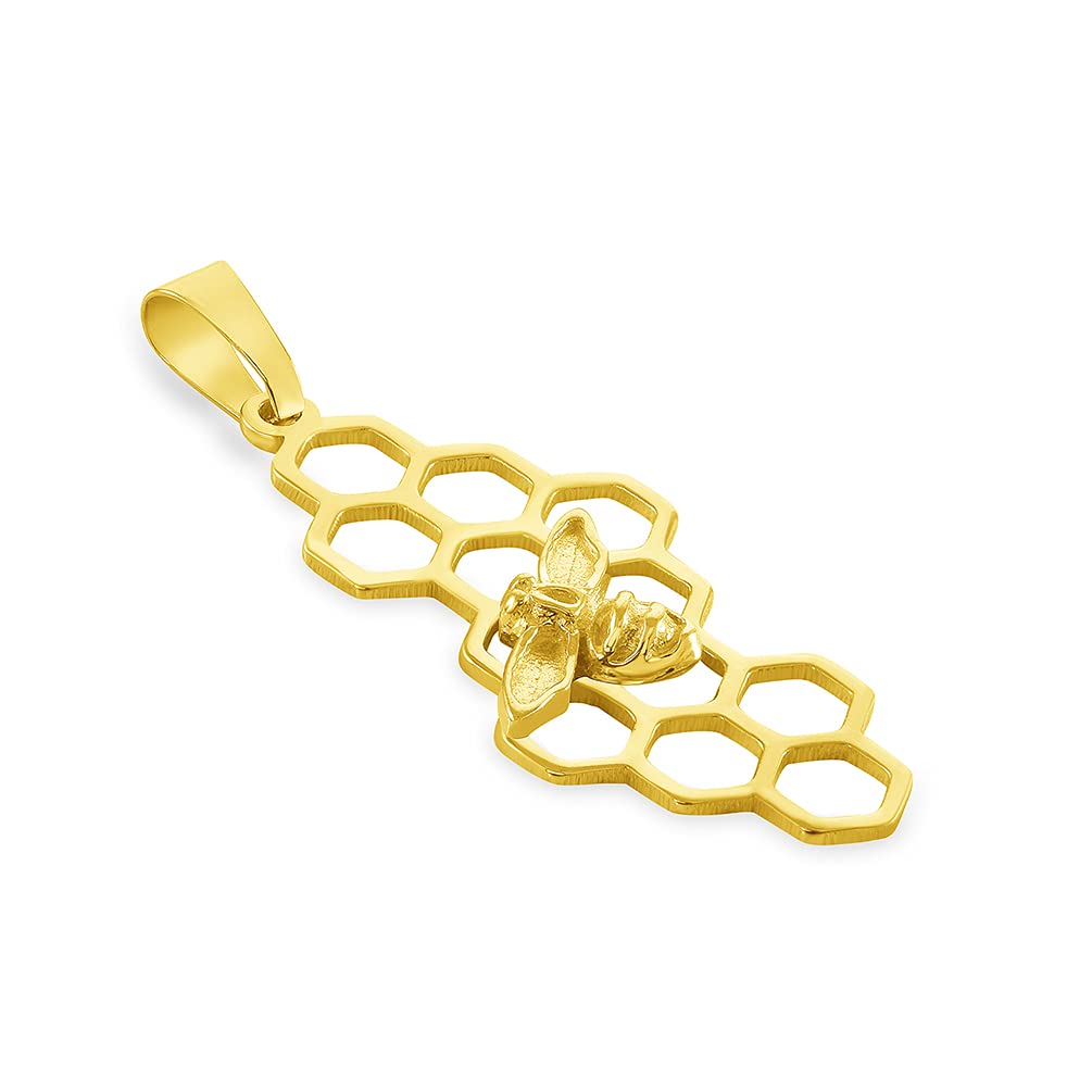 14K Yellow Gold Honey Bee on Honeycomb Pendant Necklace - Cable, Curb & Figaro Chain Options - Perfect for Nature Lovers, Gifts & Everyday Wear