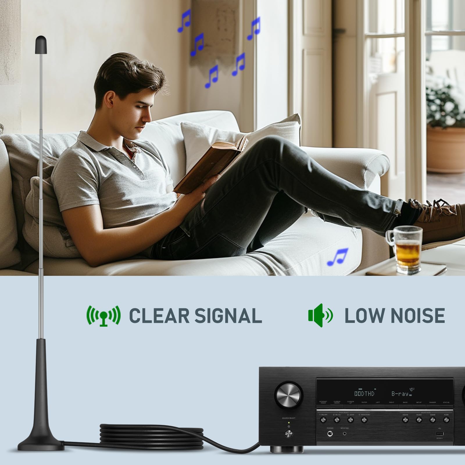 Bingfu DAB/FM Radio Antenna - 75 Ohm F Plug Digital Indoor Telescopic Aerial with Magnetic Base, 3Meter Extension Cable & 4 Adapters Kit - Compatible with Denon, Pioneer, Marantz - Perfect for Home, Office, and Car Audio Systems