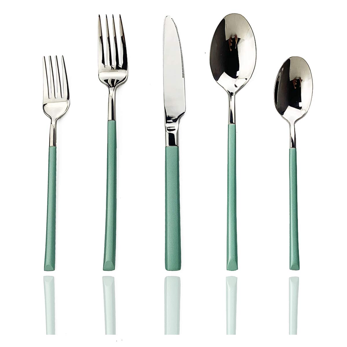 JASHII 5-Piece Modern Silverware Set - 18/10 Stainless Steel Flatware with Square Edge, Mirror Polished & Dishwasher Safe - Elegant Kitchen Utensils for 1 Person (Green Silver) - Perfect for Dining, Gifts, and Home Decor