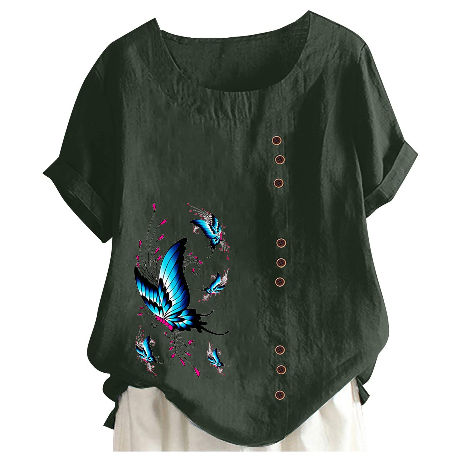 Plus Size Women's Printed Round Neck Raglan Sleeve Button-Up Shirt - Casual Loose Fit Short Sleeve Blouse with Hem Slit for Work, Office & Everyday Wear