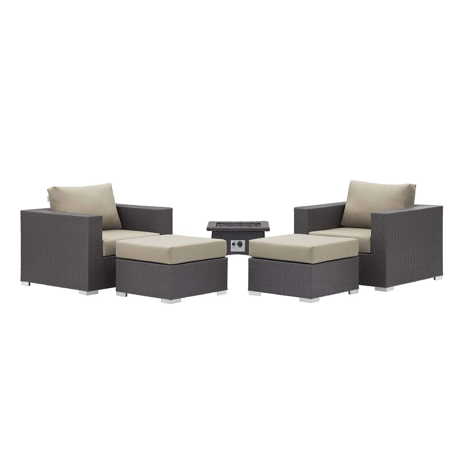 Modern Outdoor Patio Lounge Sofa Set with Fire Pit - Wicker Rattan Furniture, Beige - Perfect for Backyard, Garden, and Poolside Relaxation