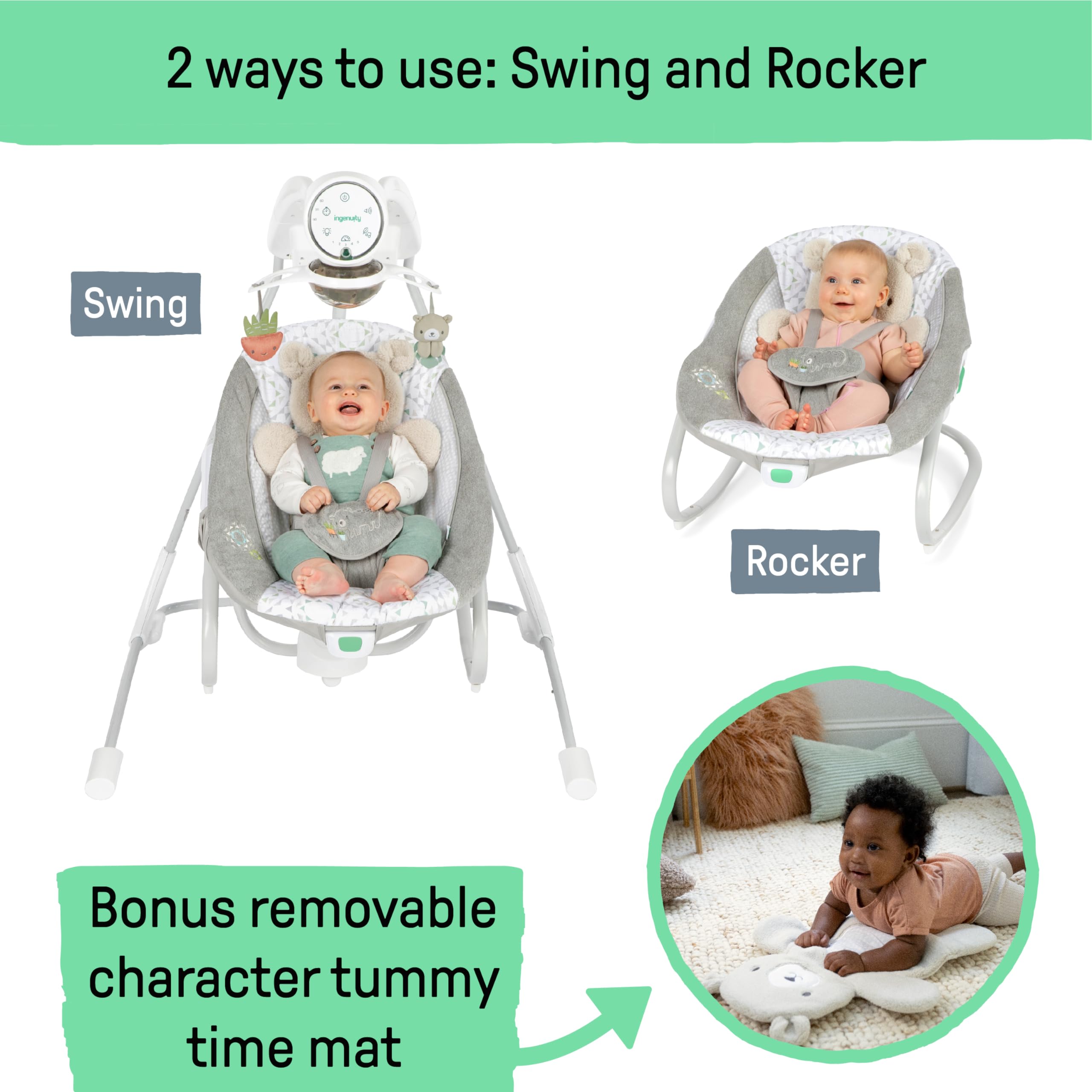 Ingenuity InLighten Soothing Swing & Rocker - Vibrating Baby Seat with Soothing Sounds & Lights for Newborns & Infants - Perfect for Nursery, Bedroom & Playtime (Nate)