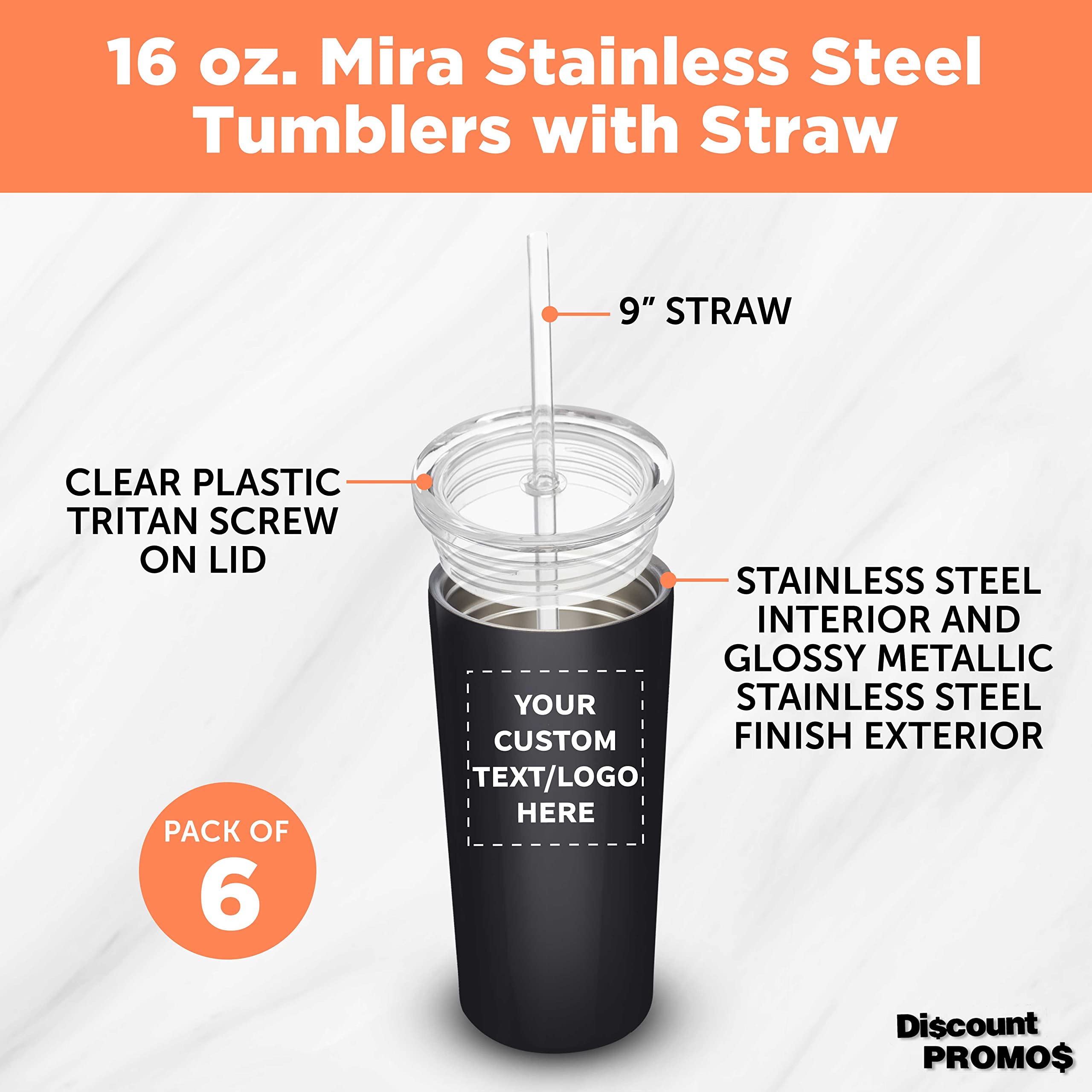 6 Pack Mira Stainless Steel Tumblers with Straws - 16oz Double Wall Insulated Cups - Custom Text/Logo - Tritan Lid - Black - Perfect for Office, Gym & Outdoor Activities