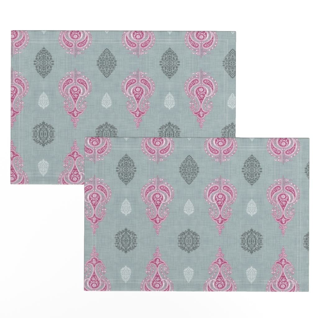 Premium Linen Cotton Canvas Placemats Set of 2 - Paisley Damask Moroccan Midcentury Modern Print Table Mats for Dining Room Decor, Kitchen Table Setting & Dinner Party Essentials