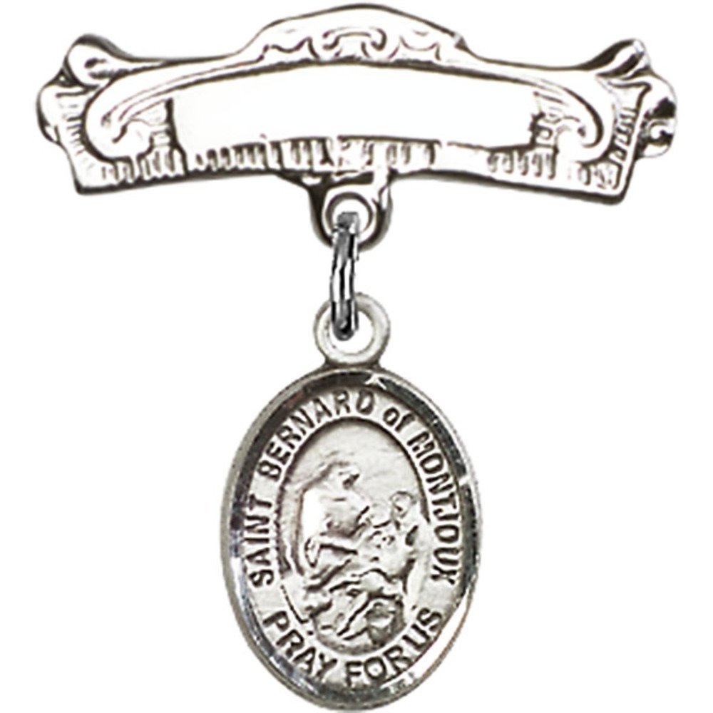 Sterling Silver Baby Badge with St. Bernard of Montjoux Charm - 7/8 X 7/8 Inch Arched Polished Pin - Perfect for Christening Gifts, Baby Blessings & First Communion Jewelry