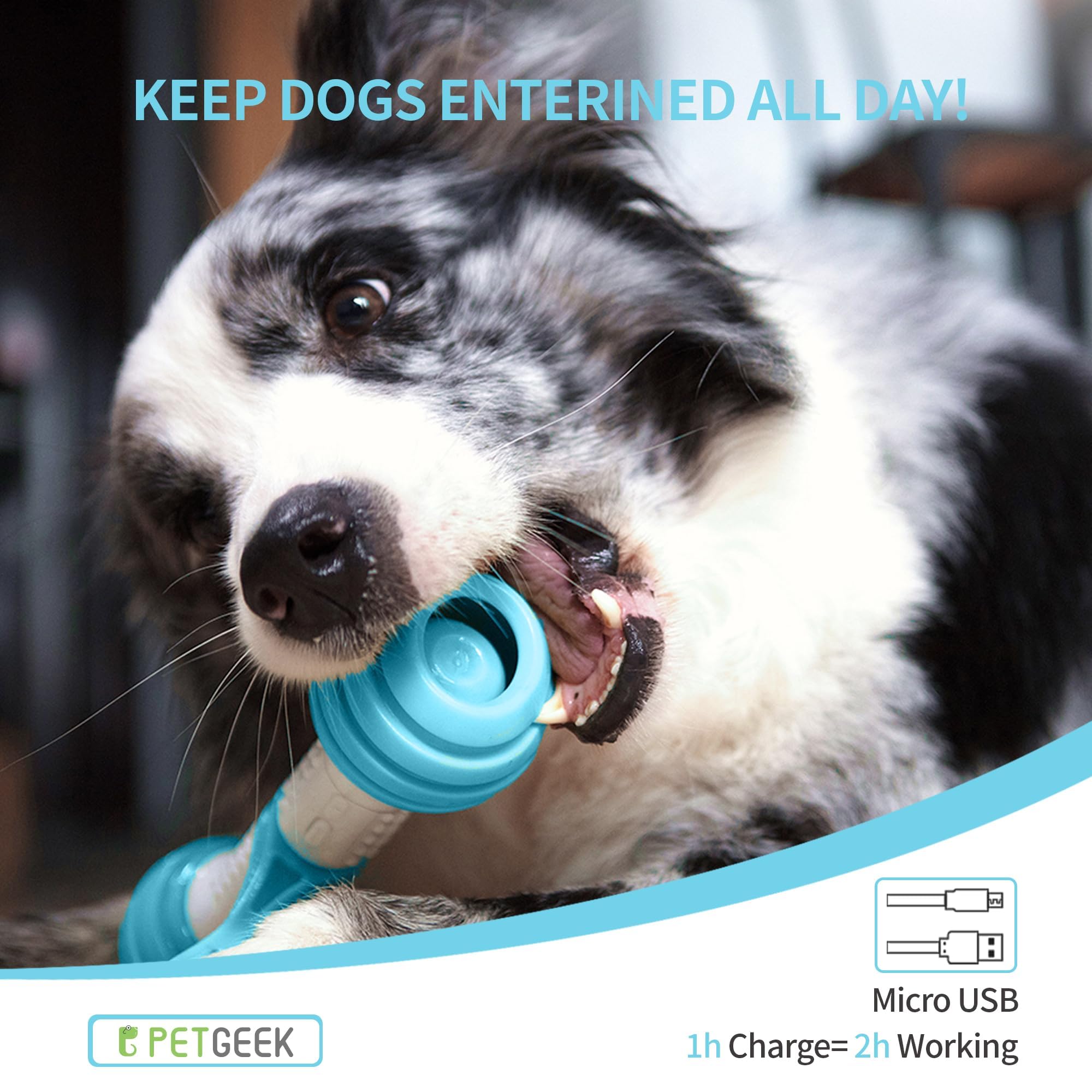 PETGEEK Interactive Dog Toys - Automatic Electronic Chew Bones for Small Medium Large Dogs - Rechargeable USB Pet Toy with Safe Durable Material - Keep Dogs Entertained Indoors & Outdoors - Perfect for Boredom Relief, Separation Anxiety, and Training (Blue)