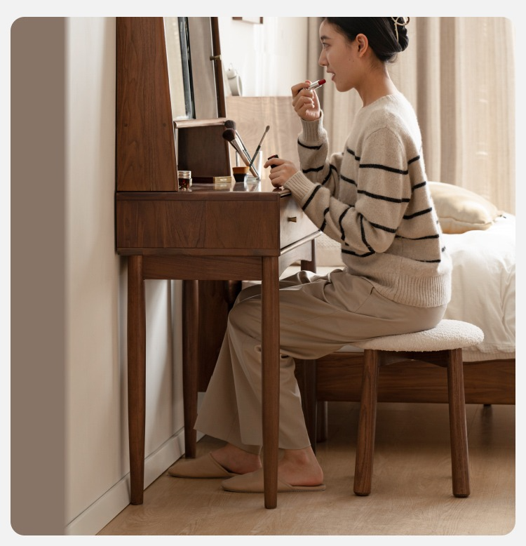 Solid Black Walnut Wood Mirror Dressing Table with Storage | Makeup Vanity Desk for Bedroom | Elegant Bedroom Furniture & Cosmetics Organizer