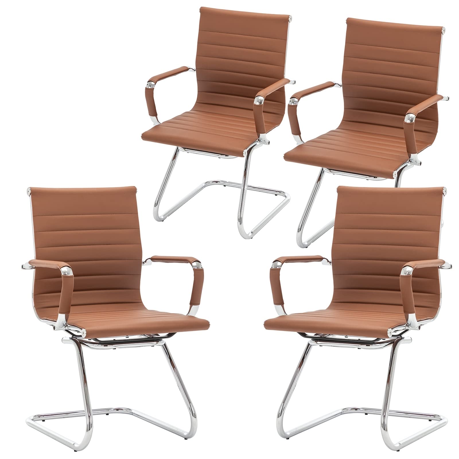 Guyou 4-Piece Office Reception Guest Chairs Set - Mid Back PU Leather Conference Chairs with Arms & Metal Sled Base (Coffee) - Perfect for Waiting Rooms, Lobbies, and Business Meetings