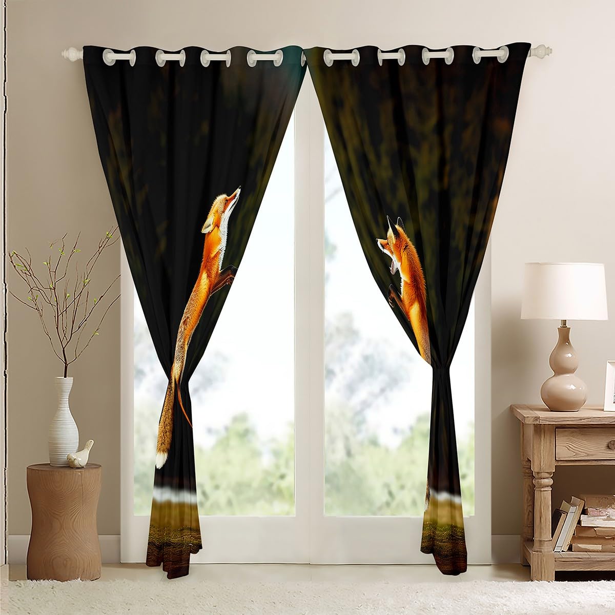 Feelyou Fox Print Curtains - 3D Cartoon Woodland Fox Window Drapes for Bedroom & Living Room - 42x63 Inches, 2 Panels - Perfect for Kids & Adults Animal Theme Decor - Ideal for Nursery, Playroom, or Cabin Retreat