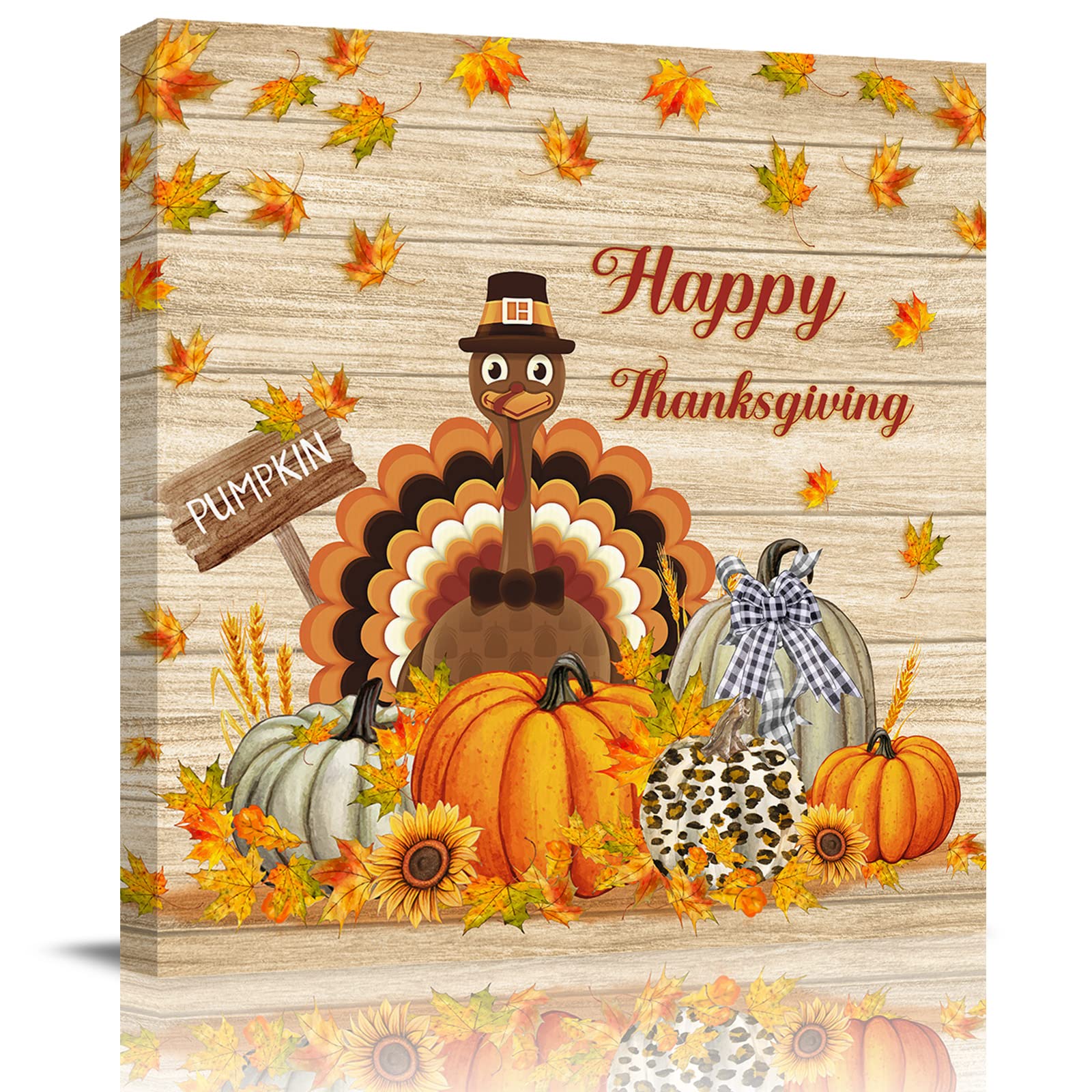 Happy Thanksgiving Turkey Fall Harvest Pumpkin Autumn Leaf Canvas Wall Art - 8x8in Aesthetic Wall Decor for Bedroom, Living Room & Office | Seasonal Home Decor, Thanksgiving Gifts & Fall Harvest Decoration
