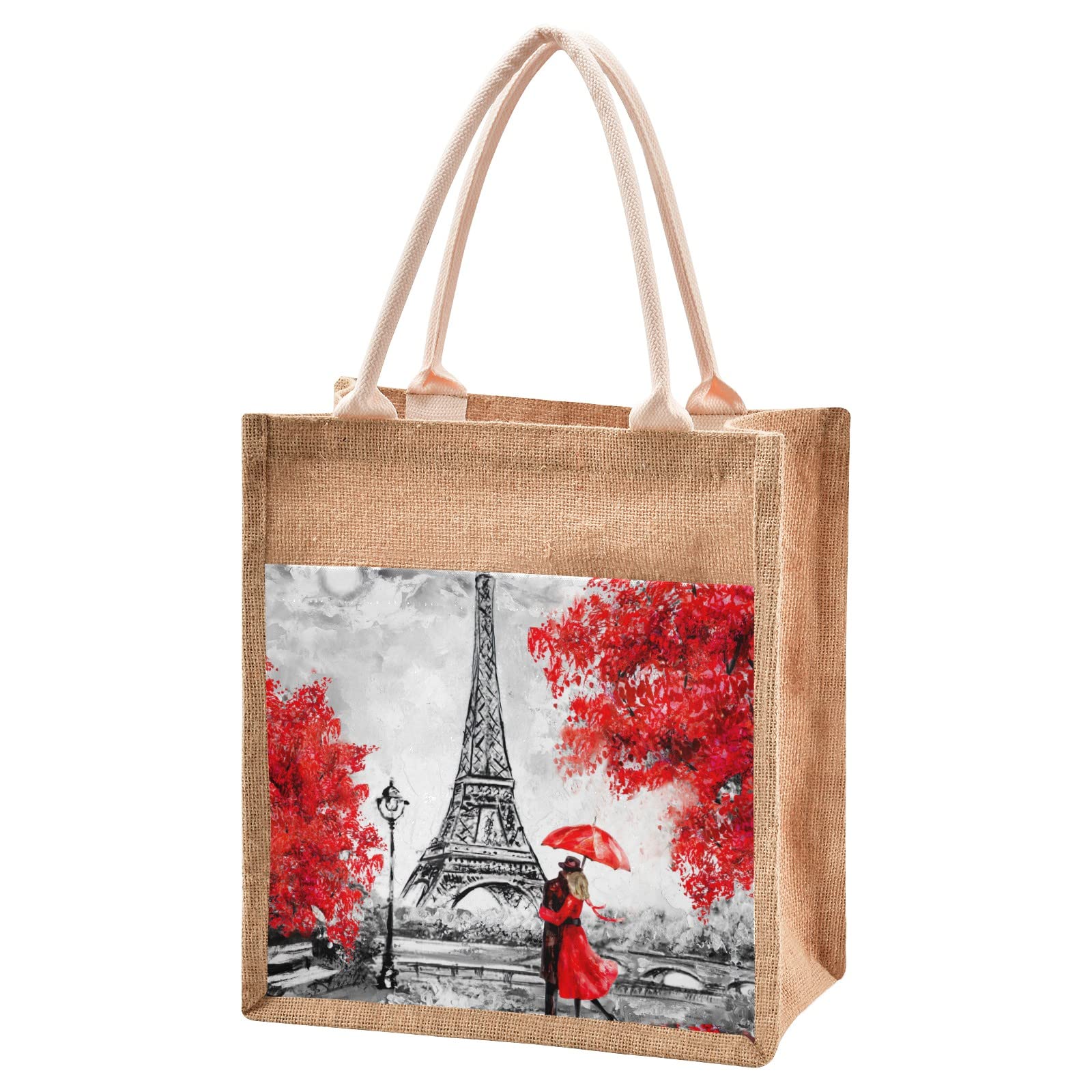 Linqin Eiffel Tower Romantic Love Jute Tote Bag - Waterproof Burlap Straw Grocery Shopping Bag for Women, Travel, Beach & Picnic - Eco-Friendly Reusable Market Tote with Parisian Design