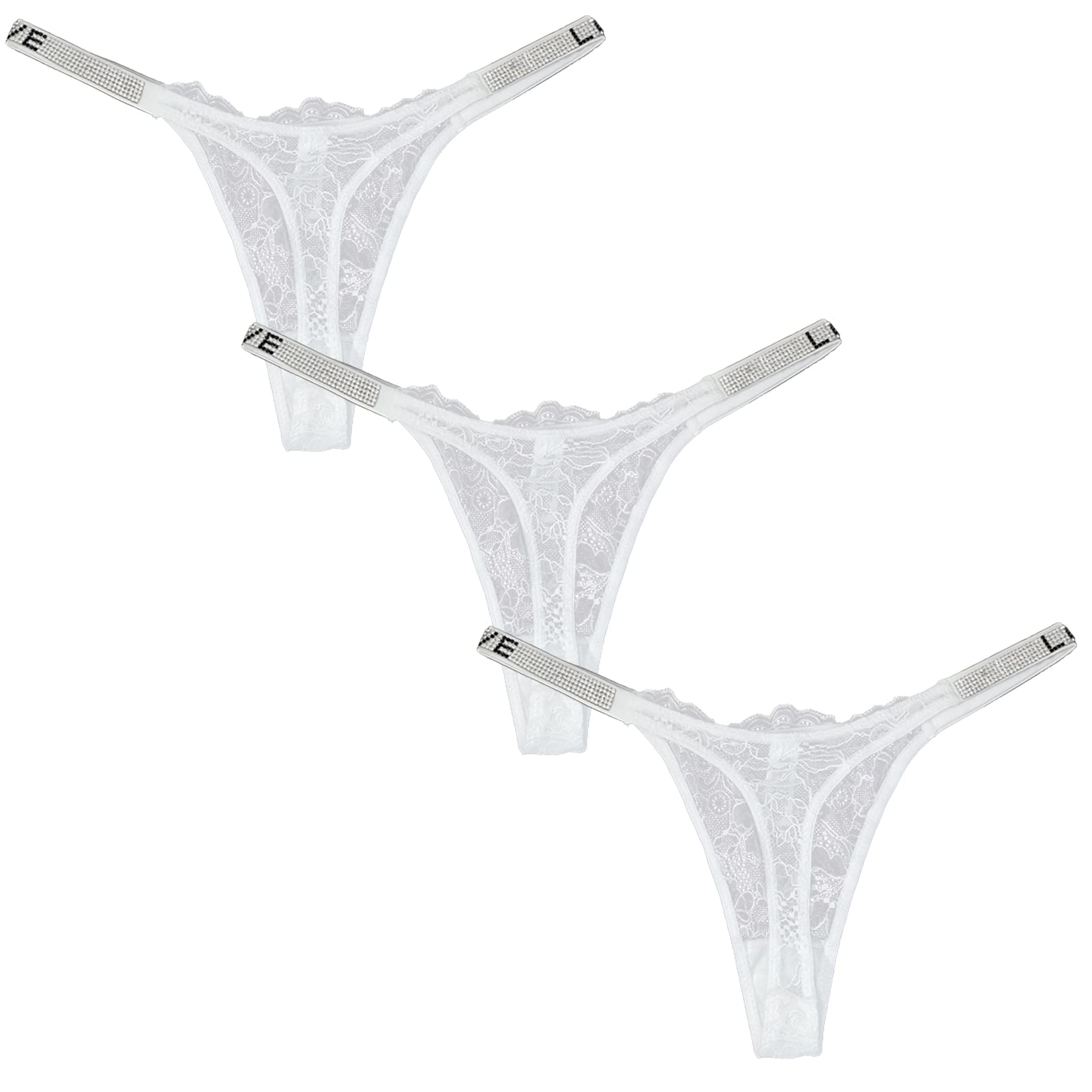 Sexy Rhinestone G-String Thong Panties for Women - Low Rise Floral Lace T-Back Underwear Pack of 3 | Perfect for Date Night, Lingerie Gift & Sensual Wear