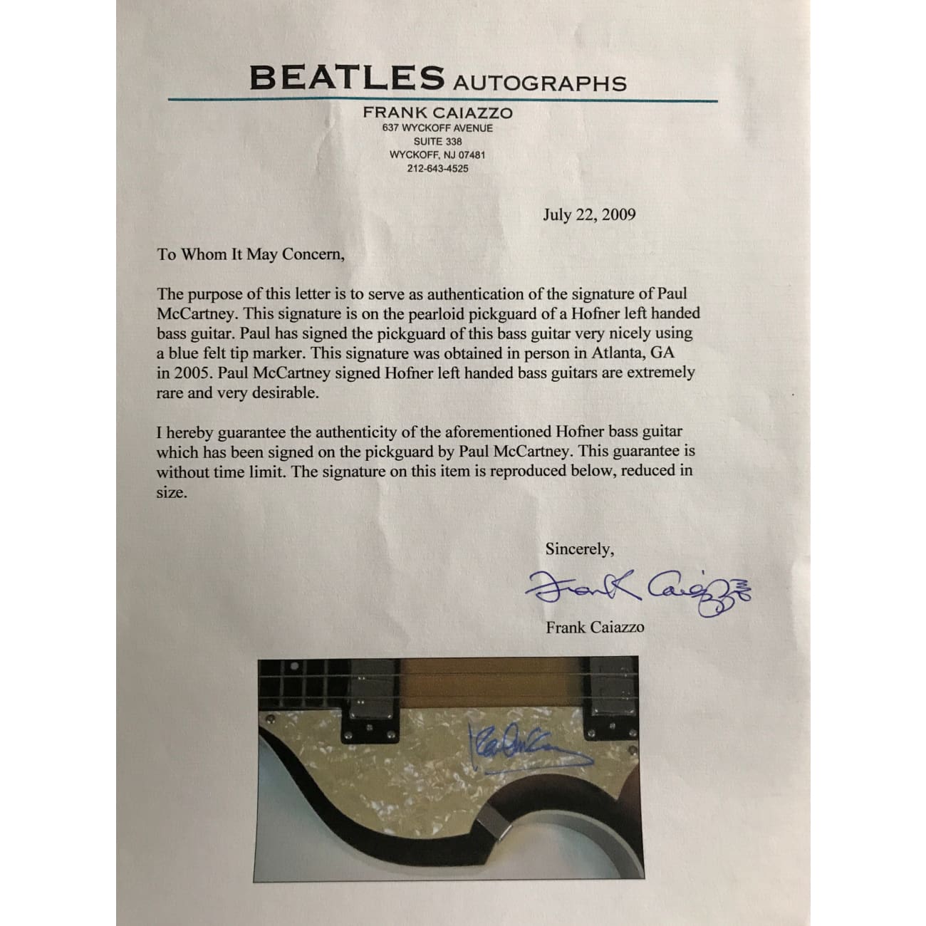 Authentic Beatles Hofner Bass Guitar Signed by Paul McCartney with Caiazzo & BAS Certificates - Rare Collectible for Music Memorabilia Enthusiasts & Beatles Fans - Perfect for Display, Investment, and Special Gifts