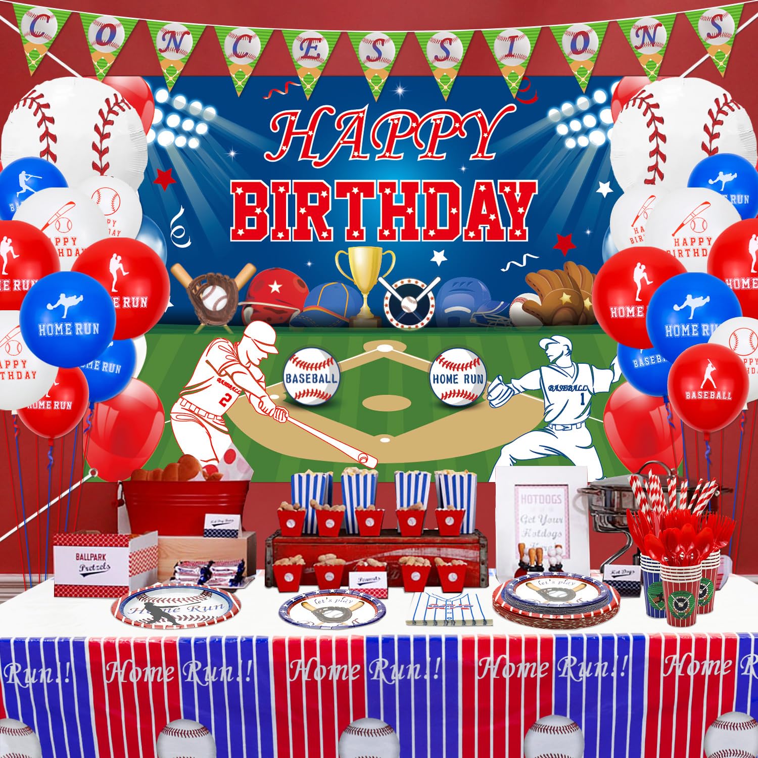 Baseball Birthday Party Decorations Set - Happy Birthday Backdrop, Plates, Cups, Napkins, Tablecloth & Balloons for Boys & Men - Serves 20 Guests - Perfect for Baseball Themed Parties, Sports Celebrations & Game Day Events