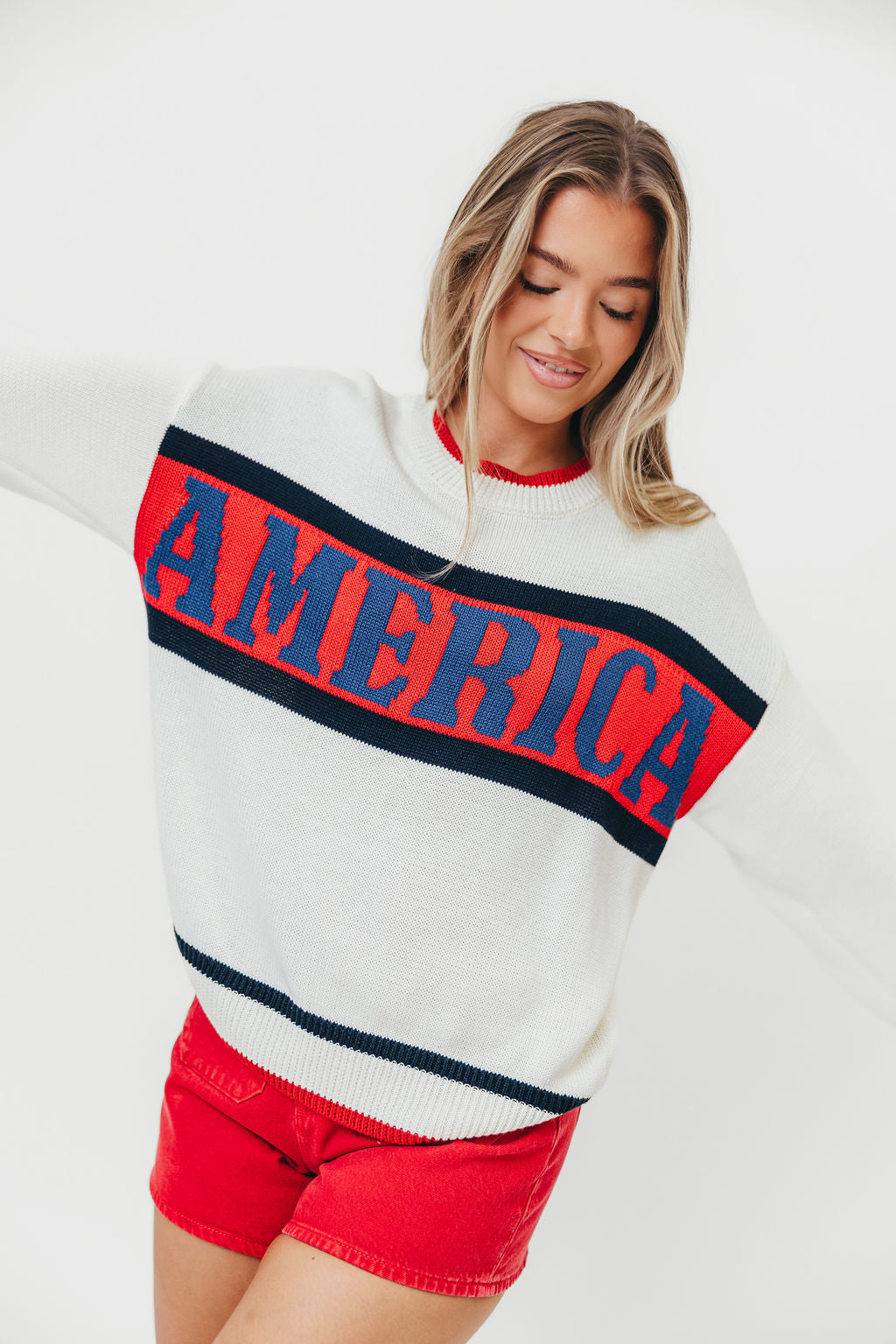 Stylish America Graphic Long Sleeve Crew Neck Sweater - White Multi Color | Casual Fall Winter Pullover for Men & Women | Perfect for Office, Dating & Outdoor Activities
