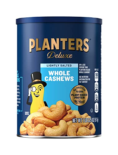 PLANTERS Deluxe Lightly Salted Whole Cashews, 1lb 2.25oz Resealable Canister - Healthy Vegan & Kosher Snacks for Adults & Kids - High Protein Nutrient Dense Nuts - Perfect for Office Snacks, Travel & Parties