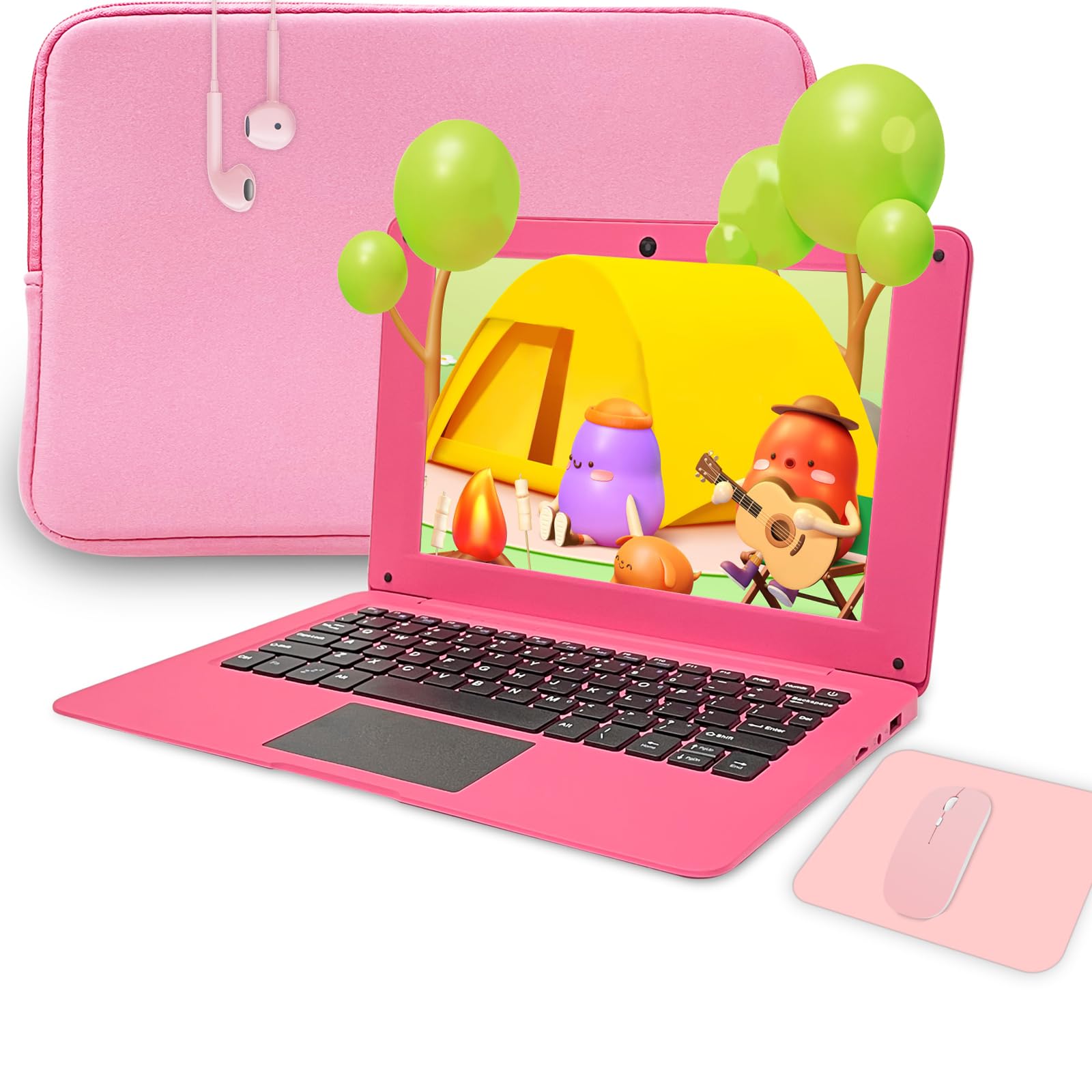10.1 Inch Windows 10 Laptop - Intel Quad Core Processor, 4GB RAM, 64GB eMMC Storage | Lightweight Mini Netbook with Sleeve, Wireless Mouse & Headphones (Pink) | Perfect for Students, Office Work & Travel Computing
