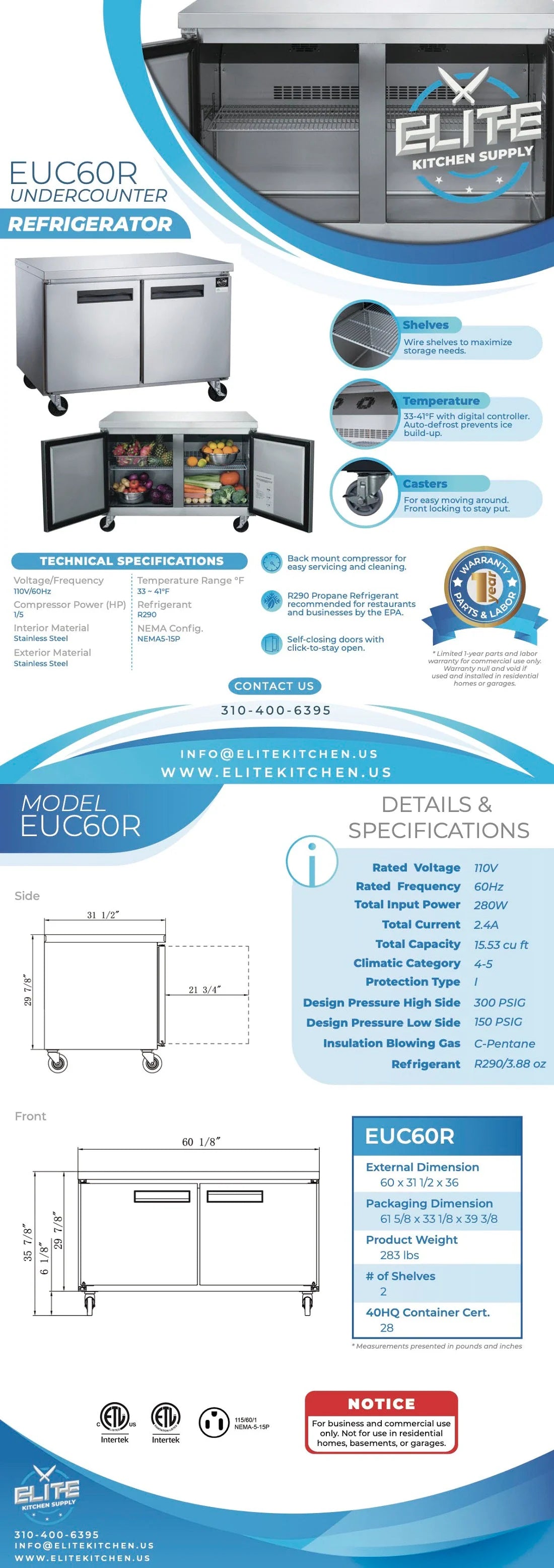 EUC60R 2 Door Undercounter Commercial Refrigerator - Stainless Steel Restaurant Fridge for Bars, Cafes & Kitchens - Energy Efficient Compact Freezer with Digital Temperature Control - Perfect for Small Businesses & Food Service