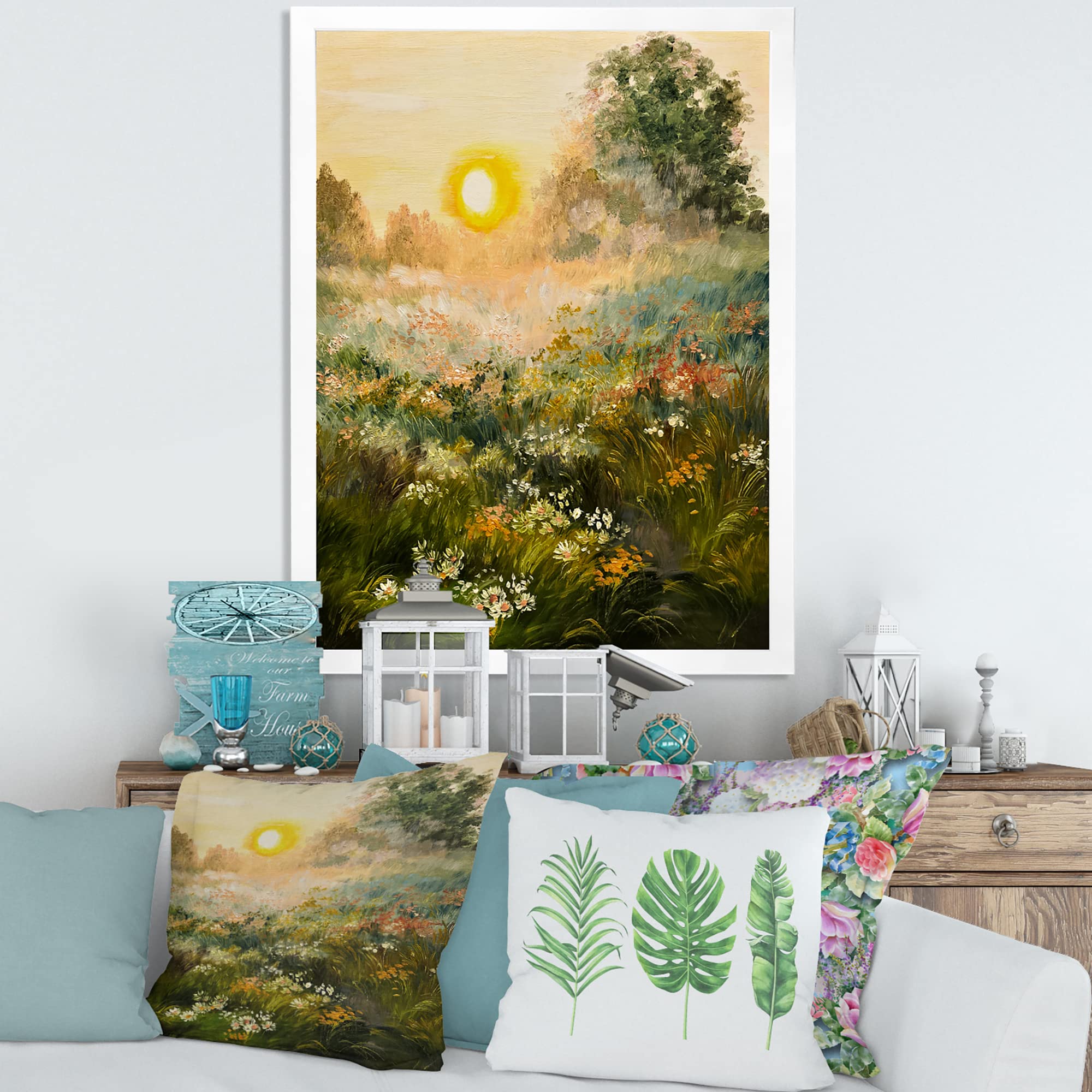 DesignQ Sunrise In The Blossoming Field Farmhouse Framed Wall Art - Rustic Floral Landscape Painting for Living Room, Bedroom & Office Decor