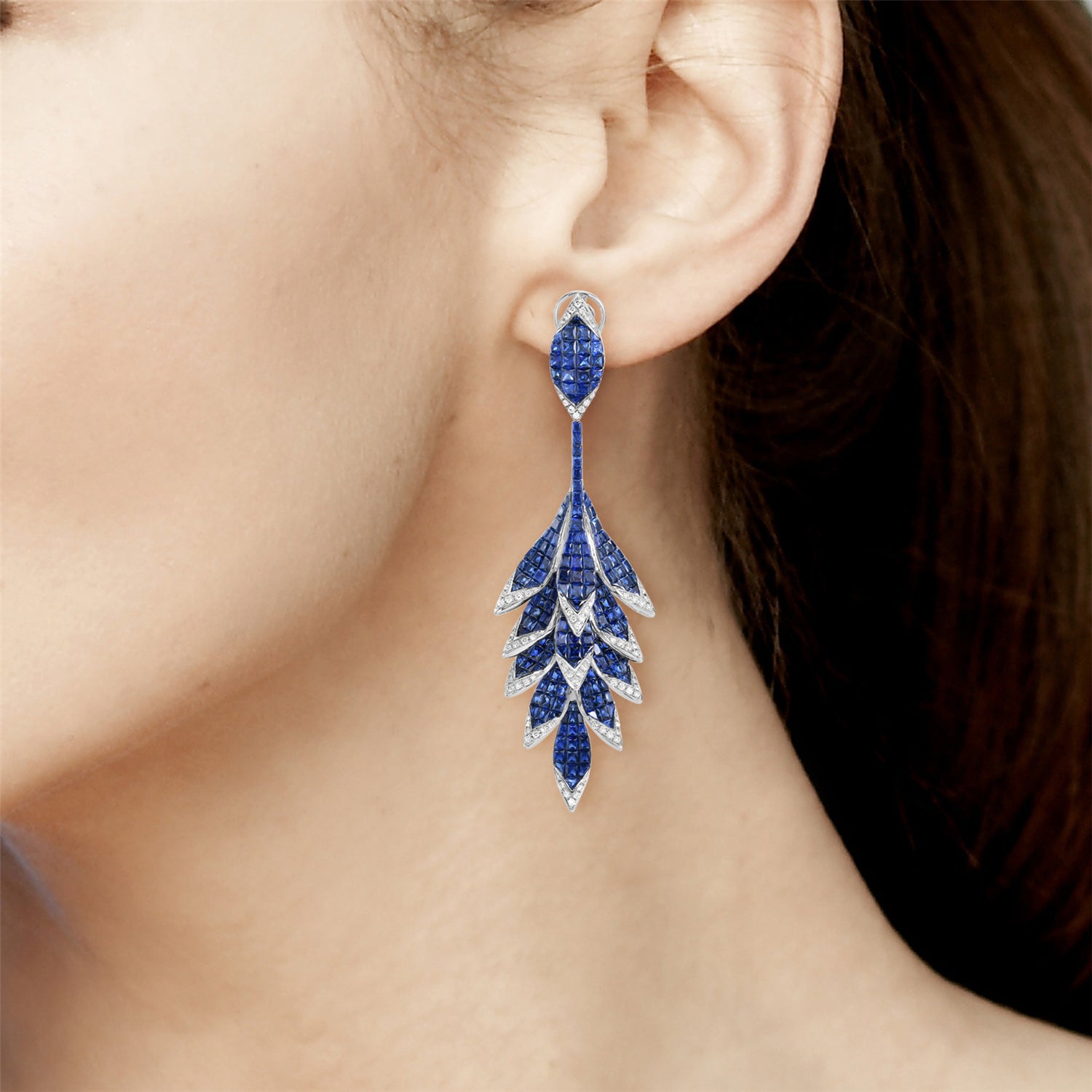 Blue Sapphire Channel Set Diamond Leaf Design Dangler Earrings in 14K White Gold - Elegant Jewelry for Weddings & Evening Events