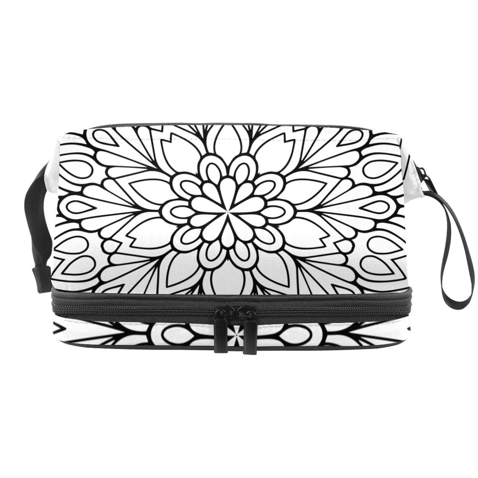 Double Layer Cosmetic Bag Travel Makeup Organizer with Brush Compartment | Roomy Waterproof Toiletry Bag for Women | Black & White Boho Pattern Makeup Brush Pouch | Perfect for Travel, Gym & Daily Essentials Storage