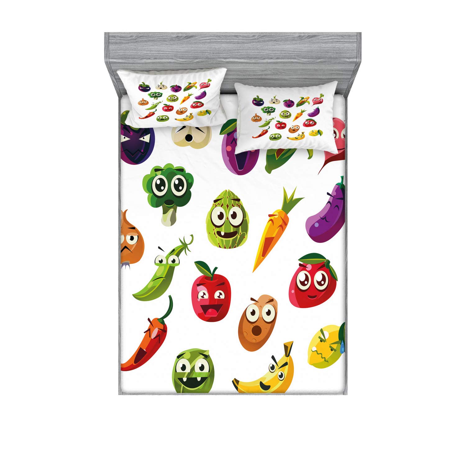 Ambesonne Emoticon Fitted Sheet & Pillow Sham Set - Fruits & Vegetables Cartoon Print (Carrot, Banana, Pepper, Onion, Garlic) - 3-Piece Decorative Bedding Set in Multicolor - Perfect for Kids' Rooms, Dorm Decor & Whimsical Home Styling