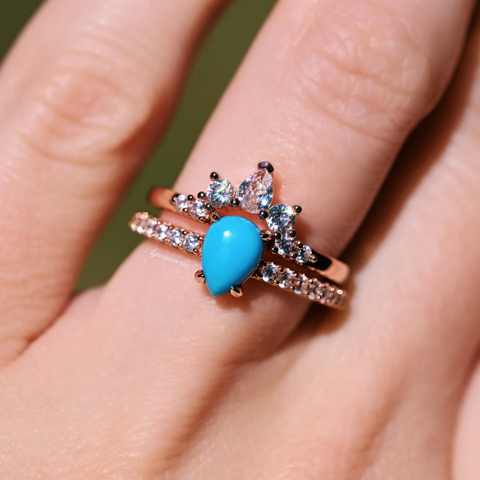 Natural Turquoise Ring Set - 14K Rose Gold Vermeil Jewelry for Women | Boho Chic Accessories for Everyday Wear & Special Occasions