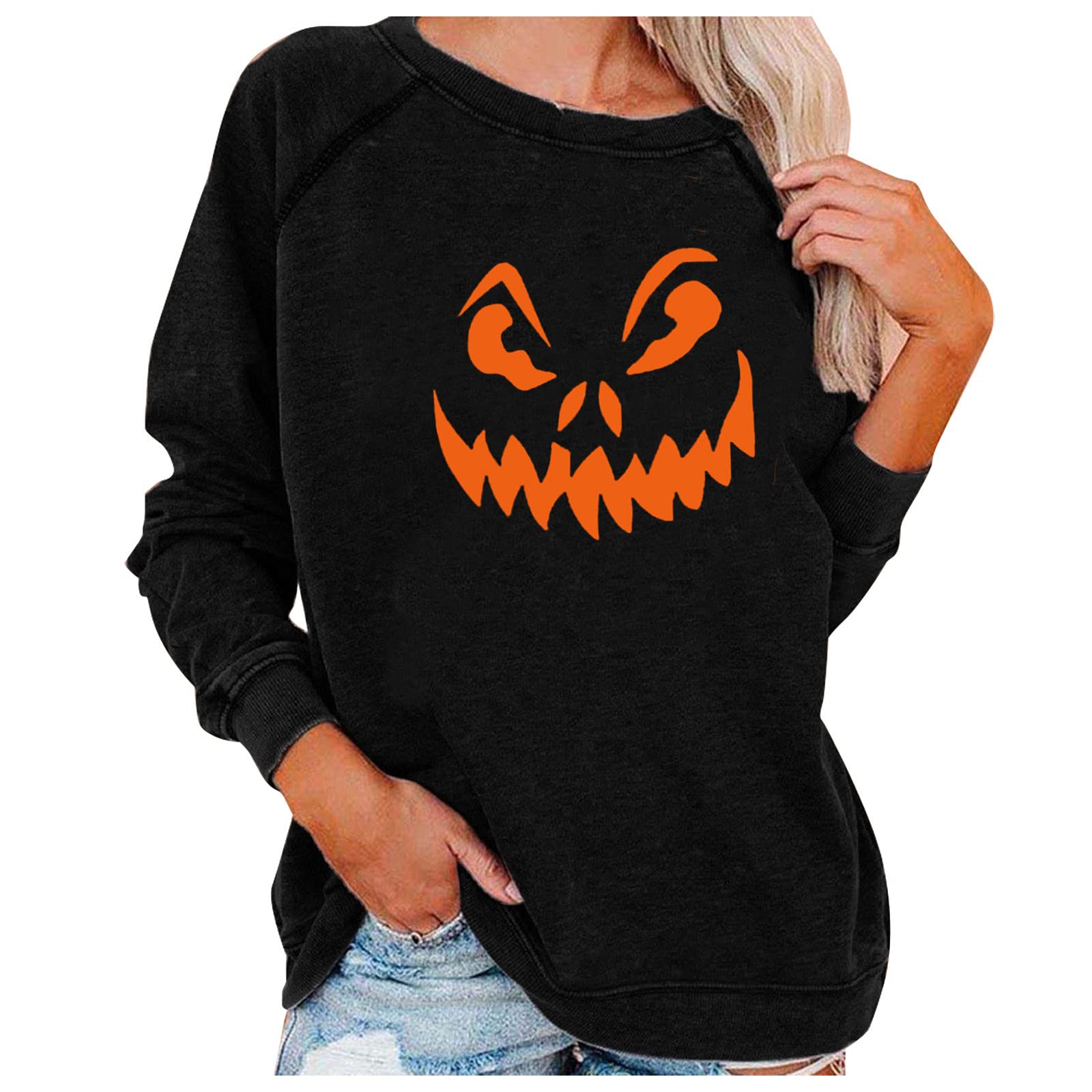 Women's Halloween Pumpkin Print Long Sleeve Sweatshirt - Lightweight Casual Pullover Top for Fall & Spooky Season Outfits