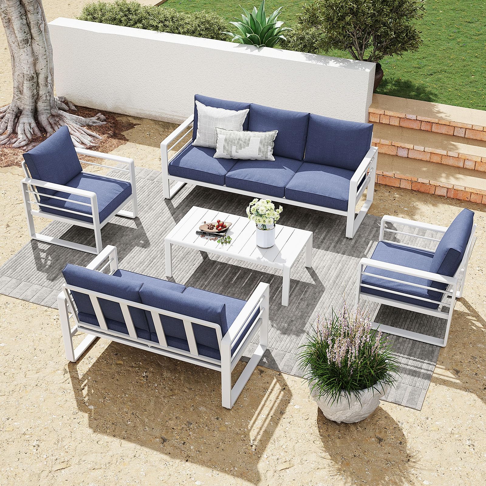 Patiorama Aluminum Patio Furniture Set - 2-Person Outdoor Loveseat with Olefin Cushions, All-Weather White Metal Sofa (600 lbs Capacity) for Deck, Garden & Backyard - Perfect for Relaxing & Entertaining