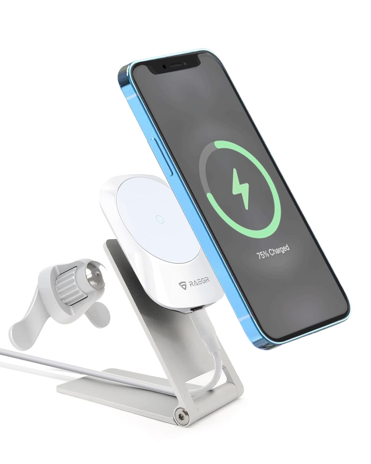 RAEGR MagFix Arc M1450C 15W Magnetic Car Phone Holder - Wireless Charger for iPhone 14/13/12 with Strong Magnet, Foldable Stand & Air Vent Mount | Perfect for Driving, Commuting & Road Trips (White)