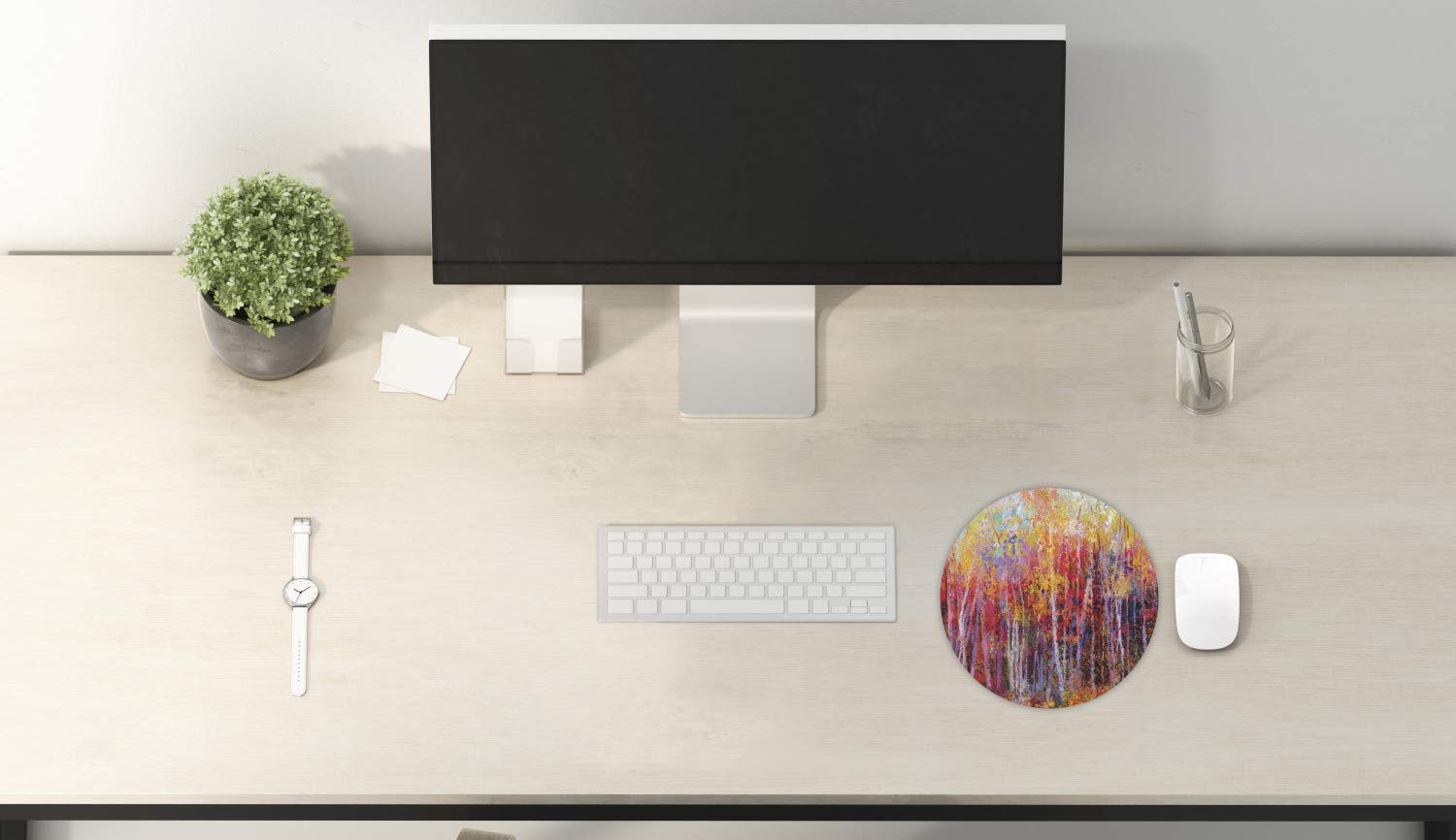 Ambesonne Nature Mouse Pad - Vibrant Autumn Forest Trees Impressionist Art, Non-Slip Thick Rubber Gaming Mousepad, 8 Inch Round Pale Grey - Perfect for Office, Gaming & Computer Workstations