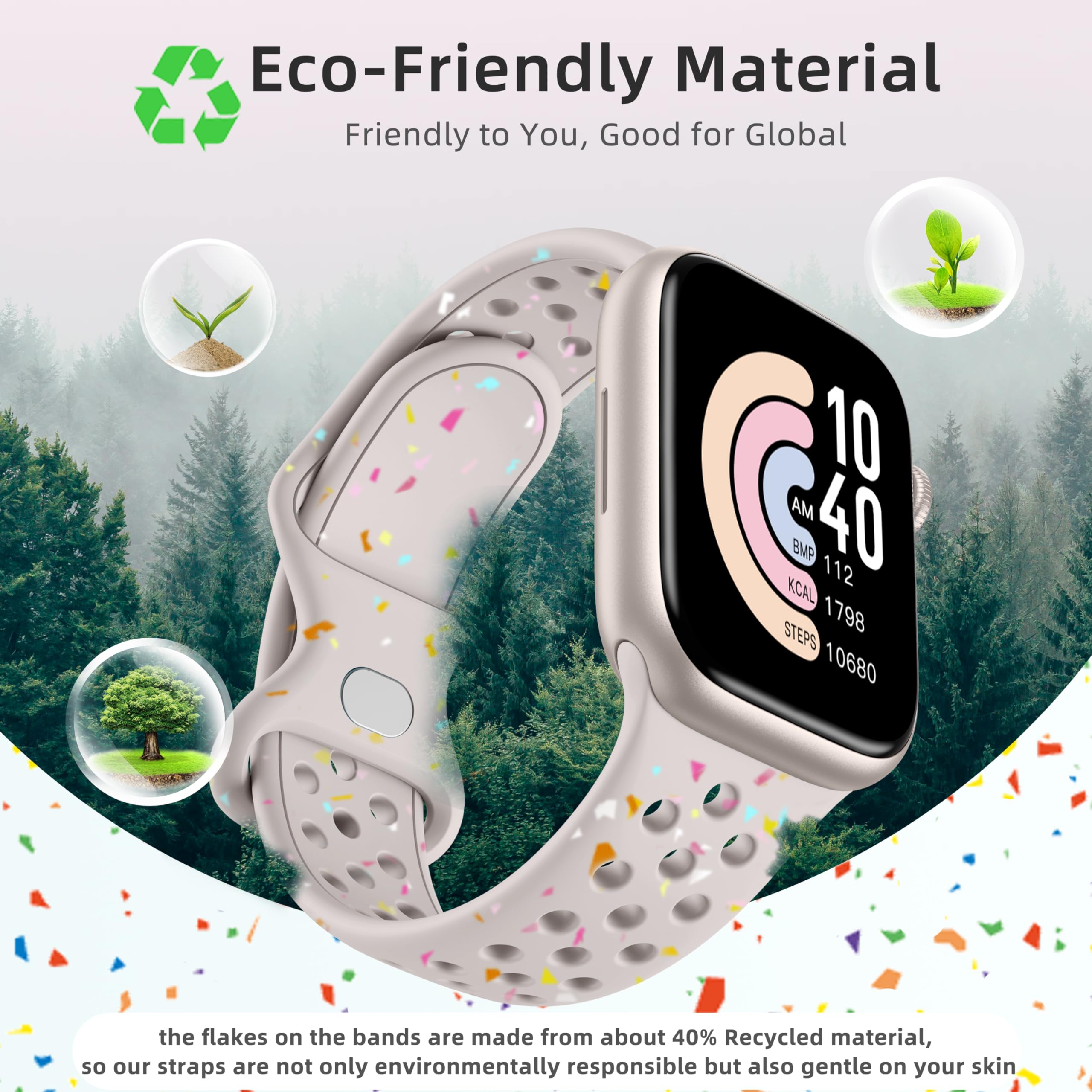 Eco-Friendly Apple Watch Bands for Women & Men - Compatible with iWatch Ultra 2, Series 9/8/7/6/5/4/3/SE (38mm/40mm/41mm/42mm/44mm/45mm/49mm) - Breathable Sport Replacement Strap for Workouts, Running & Daily Wear
