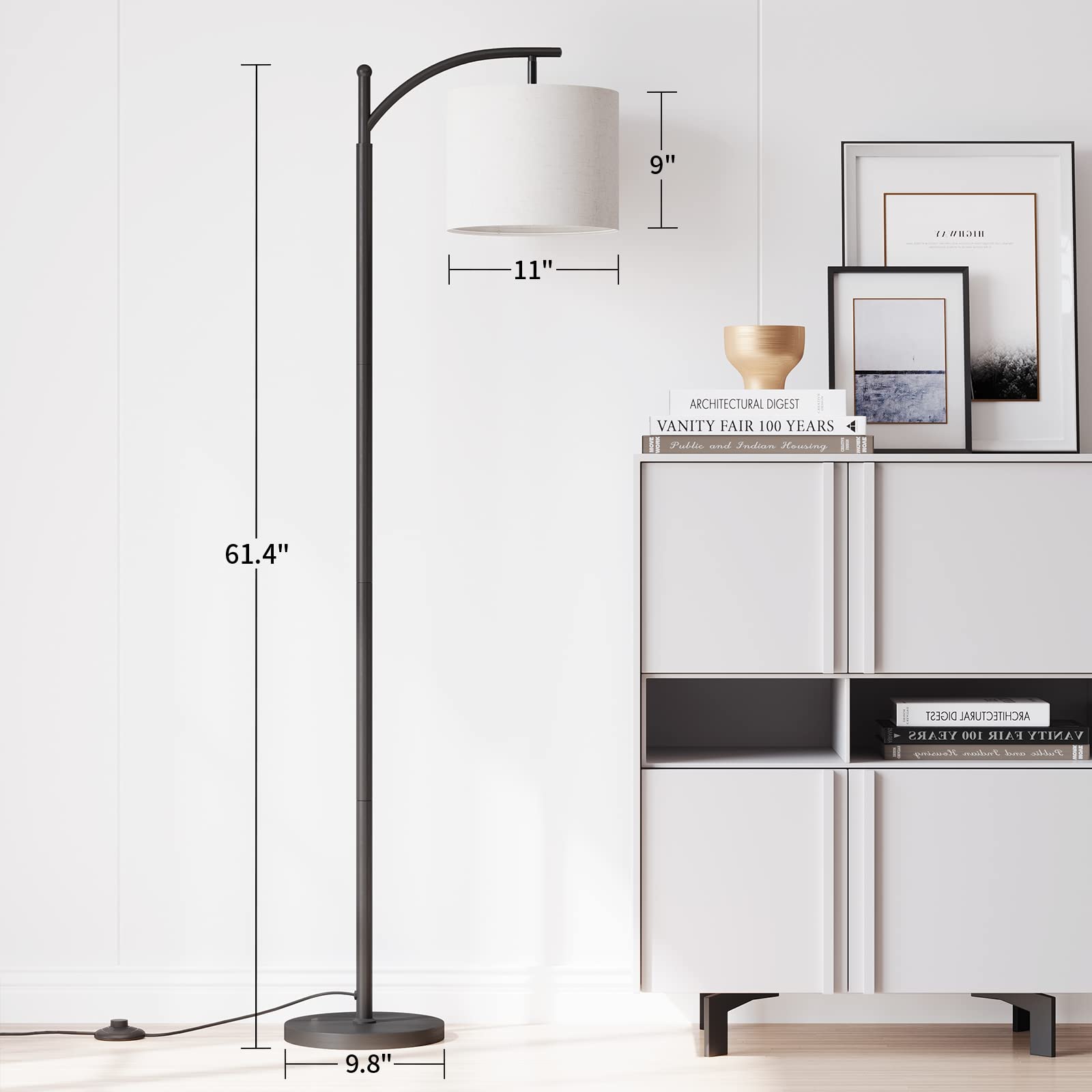 SUNMORY Modern Arc Floor Lamp with Remote Control - Dimmable LED Standing Light with Adjustable Hanging Lampshade for Living Room, Bedroom, Office - Black | Perfect for Reading Nook, Home Theater Lighting & Cozy Ambience