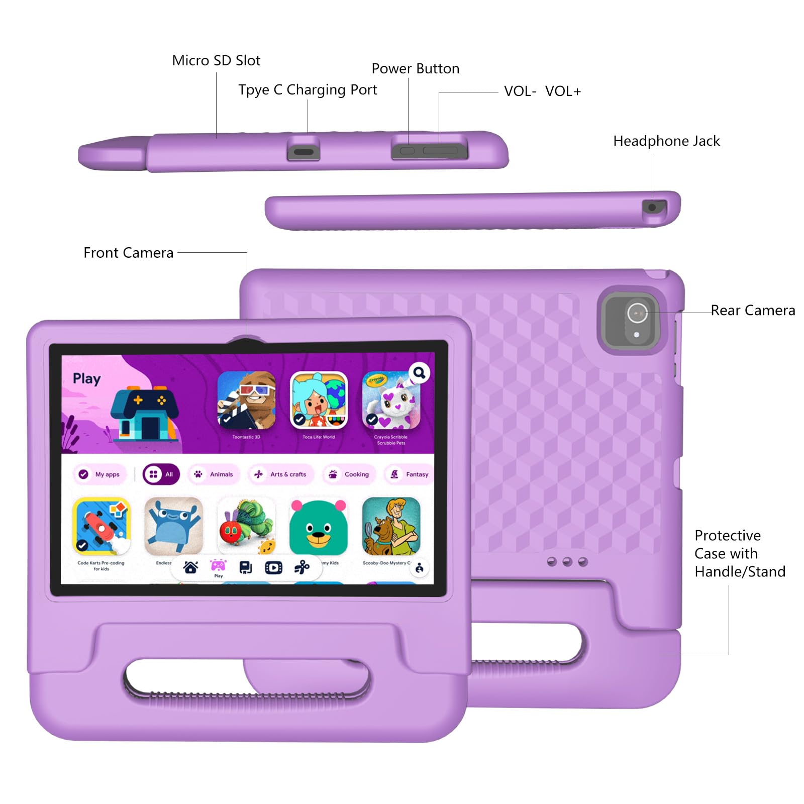 JREN 10.1 Inch Kids Tablet with Parental Control - Android 14, 8GB RAM + 64GB Storage, WiFi, 6000mAh Battery, Dual Camera & Shockproof Case - Purple | Educational Learning Tablet for Toddlers & Children | Perfect for Homeschooling, Travel & Entertainment