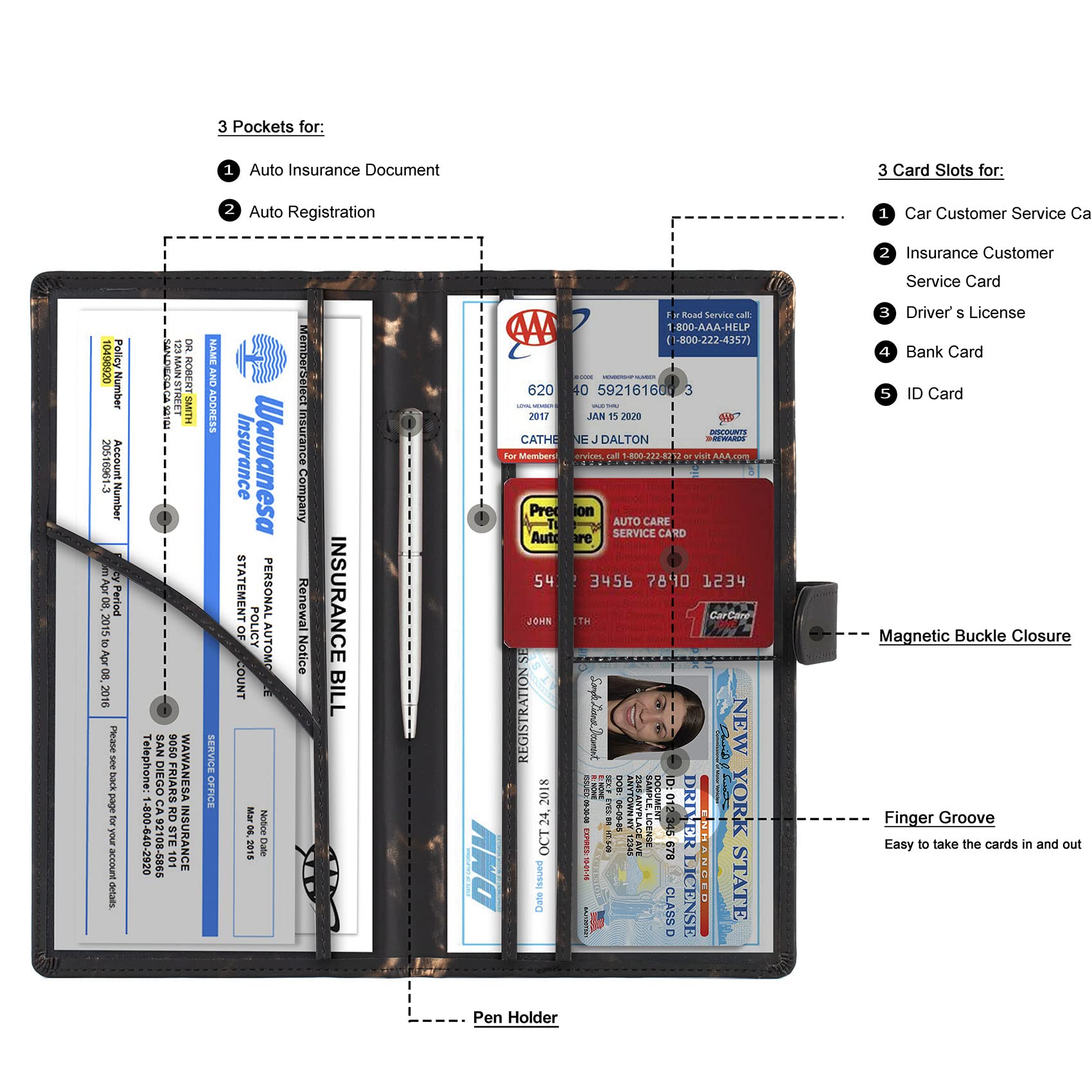 TOURSUIT Car Registration and Insurance Card Holder - Vehicle License Document Organizer for Glove Box - Durable Car Accessories for Men & Women (Marble Black) - Perfect for Road Trips & Daily Commute