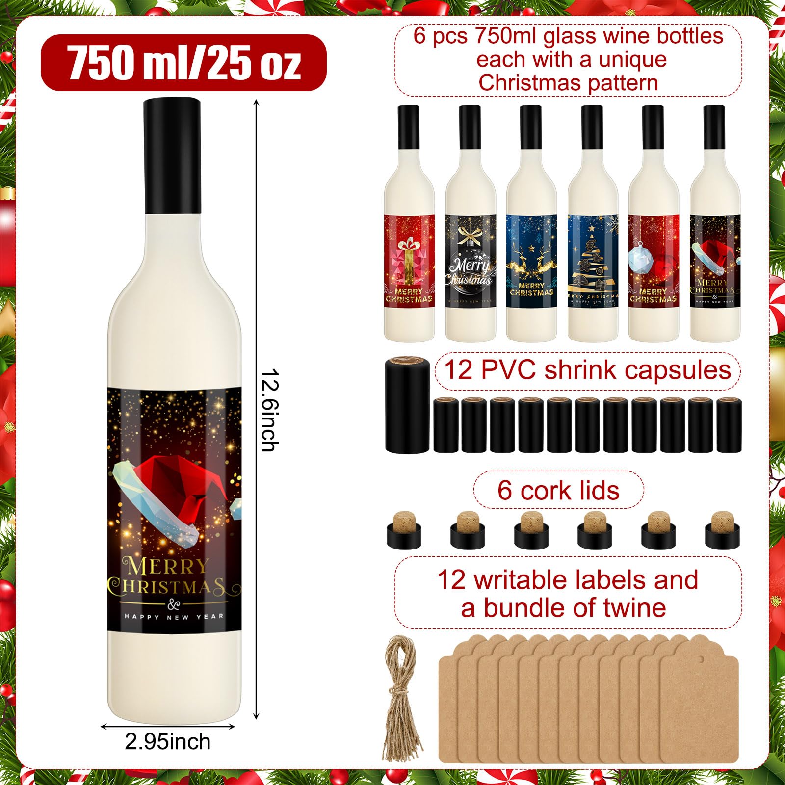 6-Pack 25oz Christmas Glass Bottles for Coquito, Wine, Milk, Eggnog & Kefir - Airtight Brewing Bottles with Festive Stickers - Perfect for Holiday Parties, Homemade Drinks & Gift Giving
