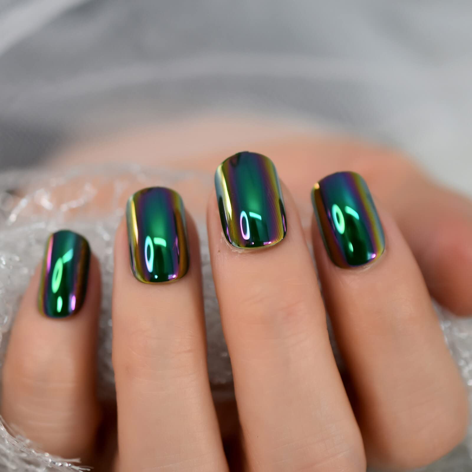 Reusable Green Square Short False Nails - Mirror Chrome & Holographic Magic Reflection Effect - Perfect for Parties, Cosplay, and Special Occasions