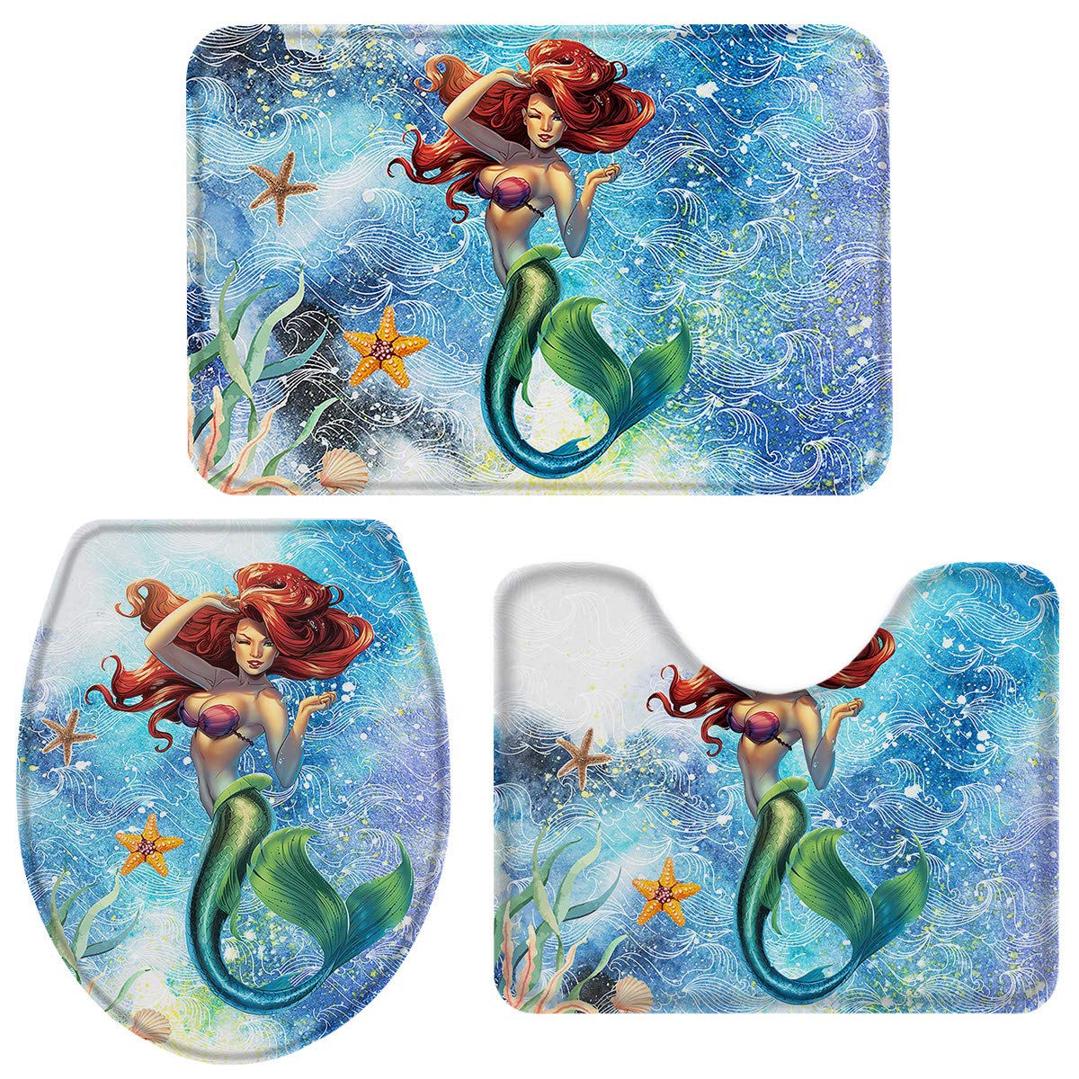 Fancyine 3-Piece Bath Rug Set - Non-Slip Absorbent Mermaid & Starfish Design, U-Shaped Toilet Mat & Toilet Seat Cover - Soft Bathroom Decor with Ocean Wave Theme | Perfect for Coastal, Beach, or Underwater-Themed Bathrooms