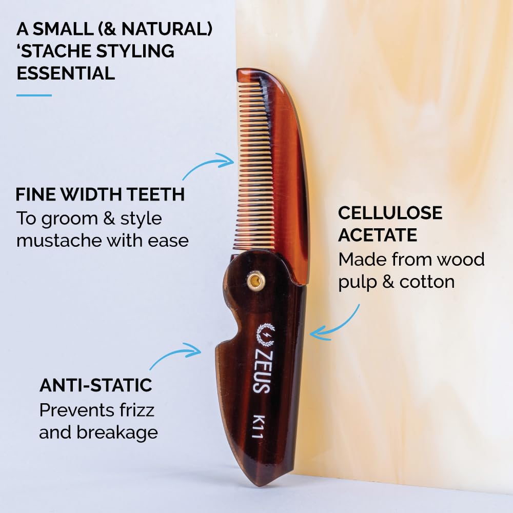 ZEUS Folding Mustache Comb 3-Pack - Handmade Saw-Cut Pocket Comb for Beard & Moustache Grooming - Traditional Style K11 - Perfect for Travel, Daily Use & Gift Giving