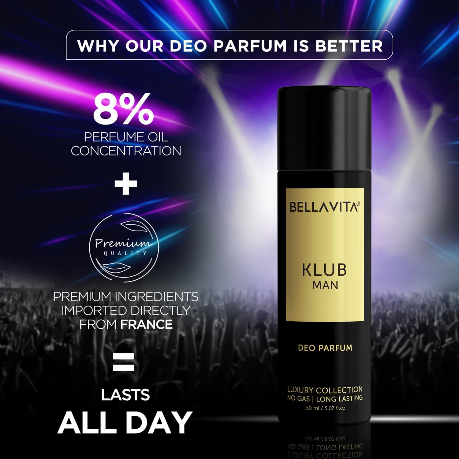 Bella Vita Luxury KLUB Man No Gas Body Deodorant Perfume for Men - Long Lasting Fragrance with Lemon, Rose & Vanilla Notes | Musky Spicy Scent | 150ml Deodorant Spray | Perfect for Daily Use, Gym & Office