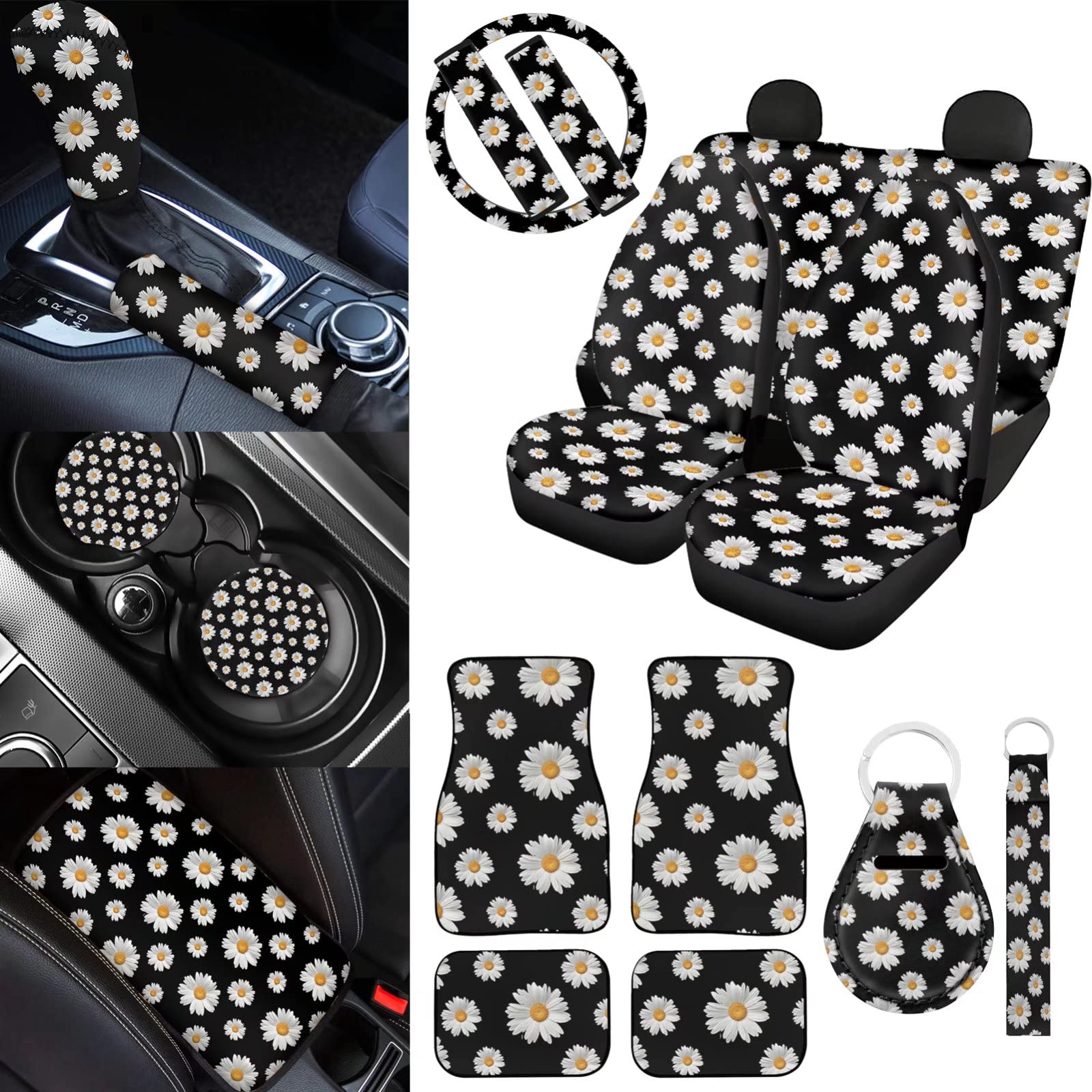 BIGCARJOB 18-Piece Black Daisy Car Accessories Set - Universal Daisy Floor Mats, Front & Rear Seat Covers, Keychain Lanyard, Coasters, Shift Knob Cover, 15