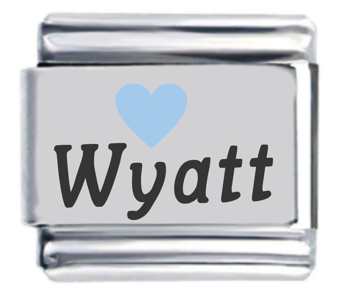 Wyatt Light Blue Heart Laser Engraved Italian Charm Link Bracelet - Personalized Name Jewelry for Women, Gifts for Her, Friendship Bracelets for Best Friends, Valentine's Day & Anniversary Presents