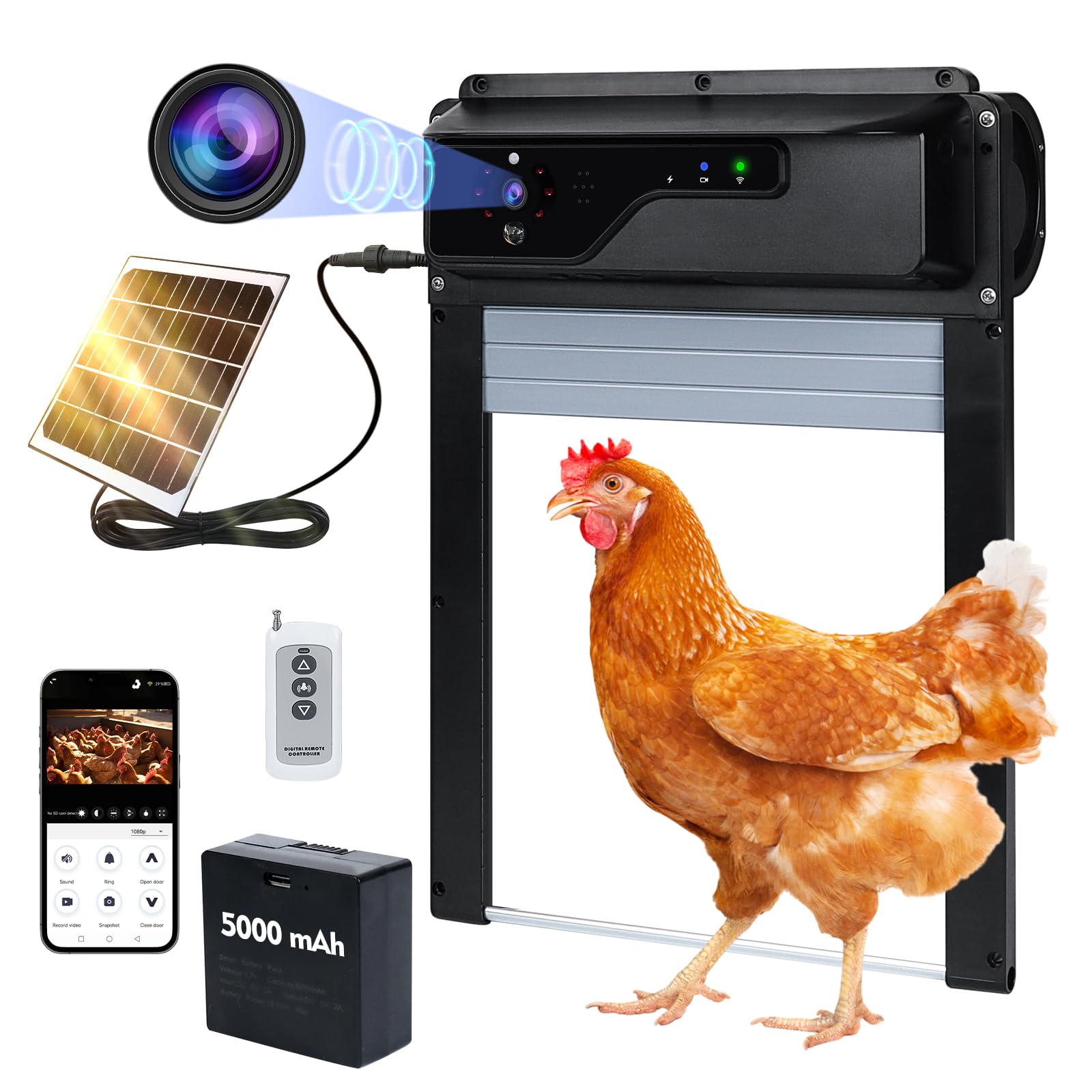 Solar Powered Automatic Chicken Coop Door with HD1080P Camera, 5000mAh Battery, WiFi & Night Vision - Smart Poultry Access Control for Backyard Farms & Homesteads (Monitor via Mobile App)